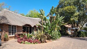 A building with a thatched roof, a paved courtyard, and a variety of tropical plants.