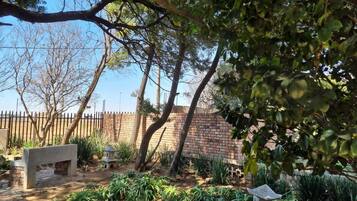 A garden with a brick wall, a stone bench, and various plants.