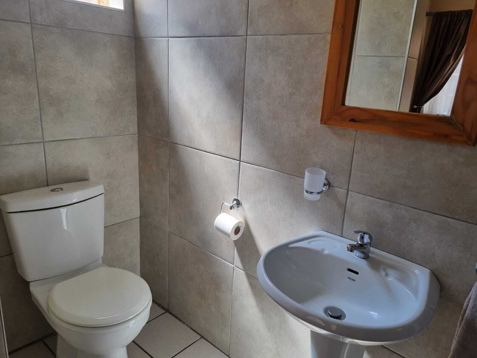 Une salle de bain avec des toilettes, un lavabo et un miroir.