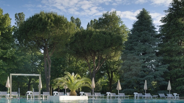 A clear swimming pool with lounge chairs and umbrellas, surrounded by trees.