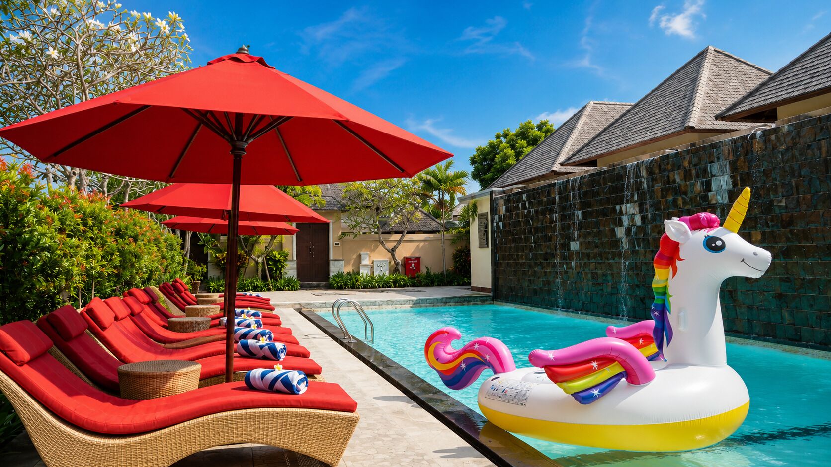 Outdoor pool, pool umbrellas, pool loungers