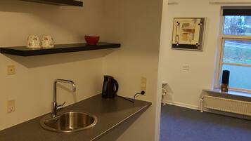 Een moderne keuken met een RVS-spoelbak, zwart aanrecht en een waterkoker. Boven de spoelbak zijn twee planken: één met decoratieve objecten en de andere met een rode kom. Achtergrond toont een raam met uitzicht.