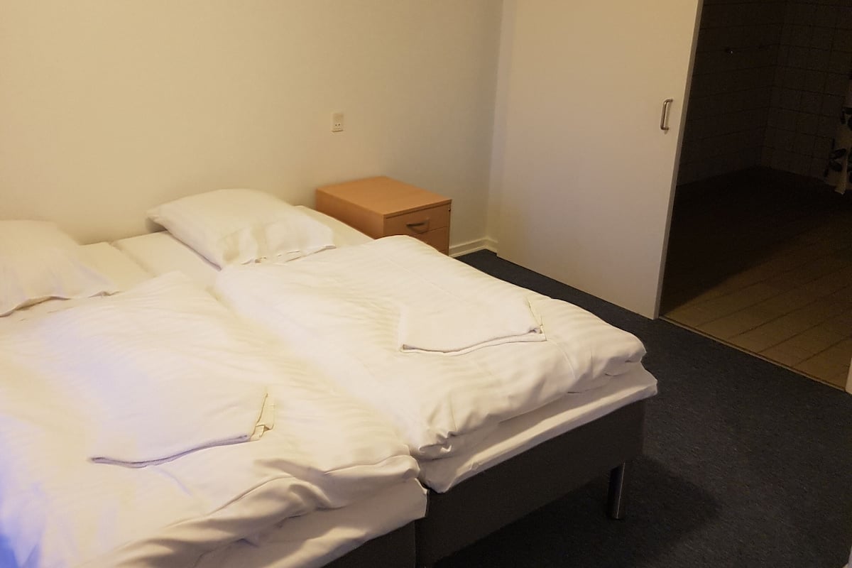 A single bed with white bedding in a room with a dark carpet, a wooden nightstand, and a white door.