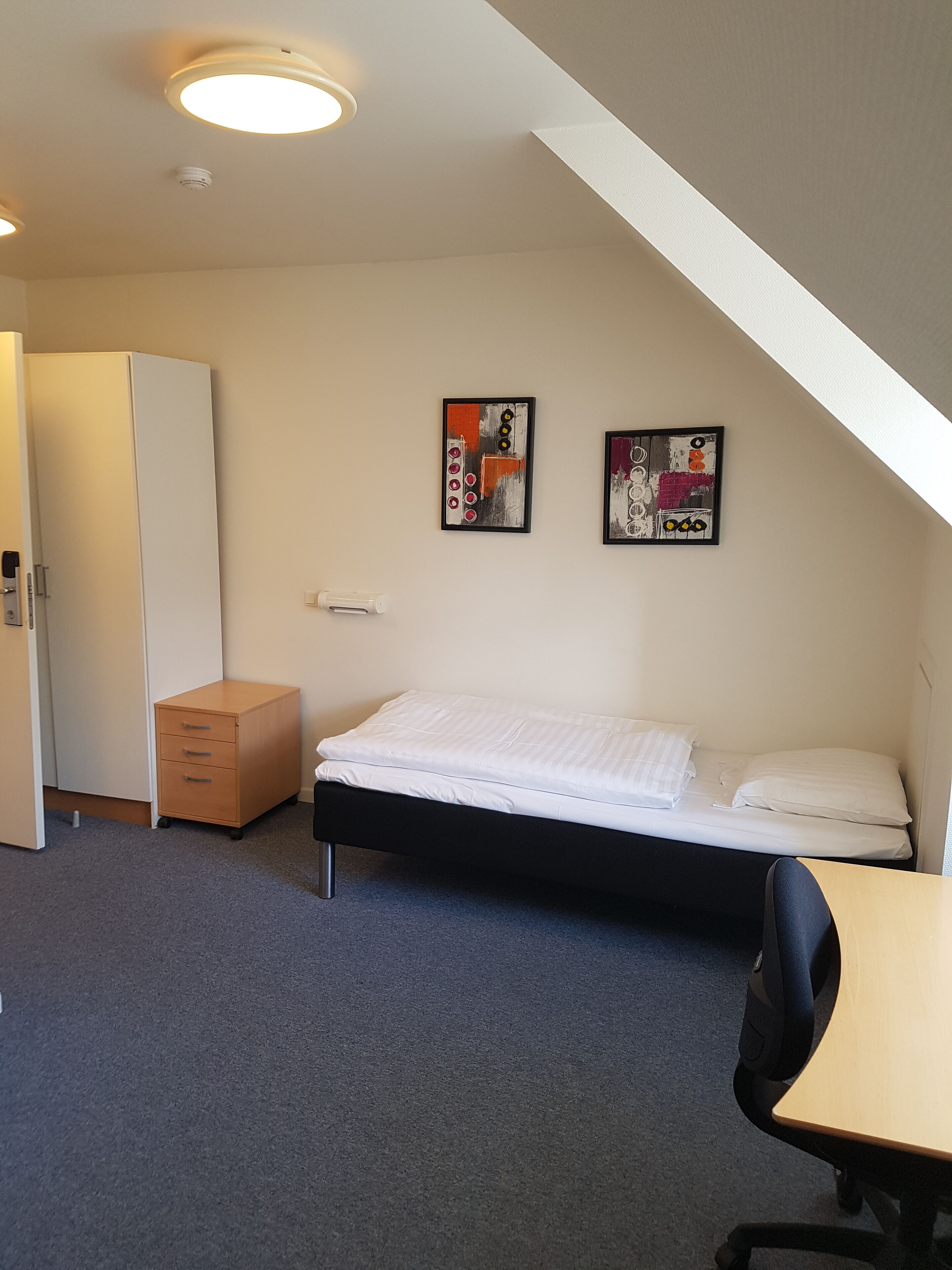 A room with a bed, desk, and two framed artworks on the wall.