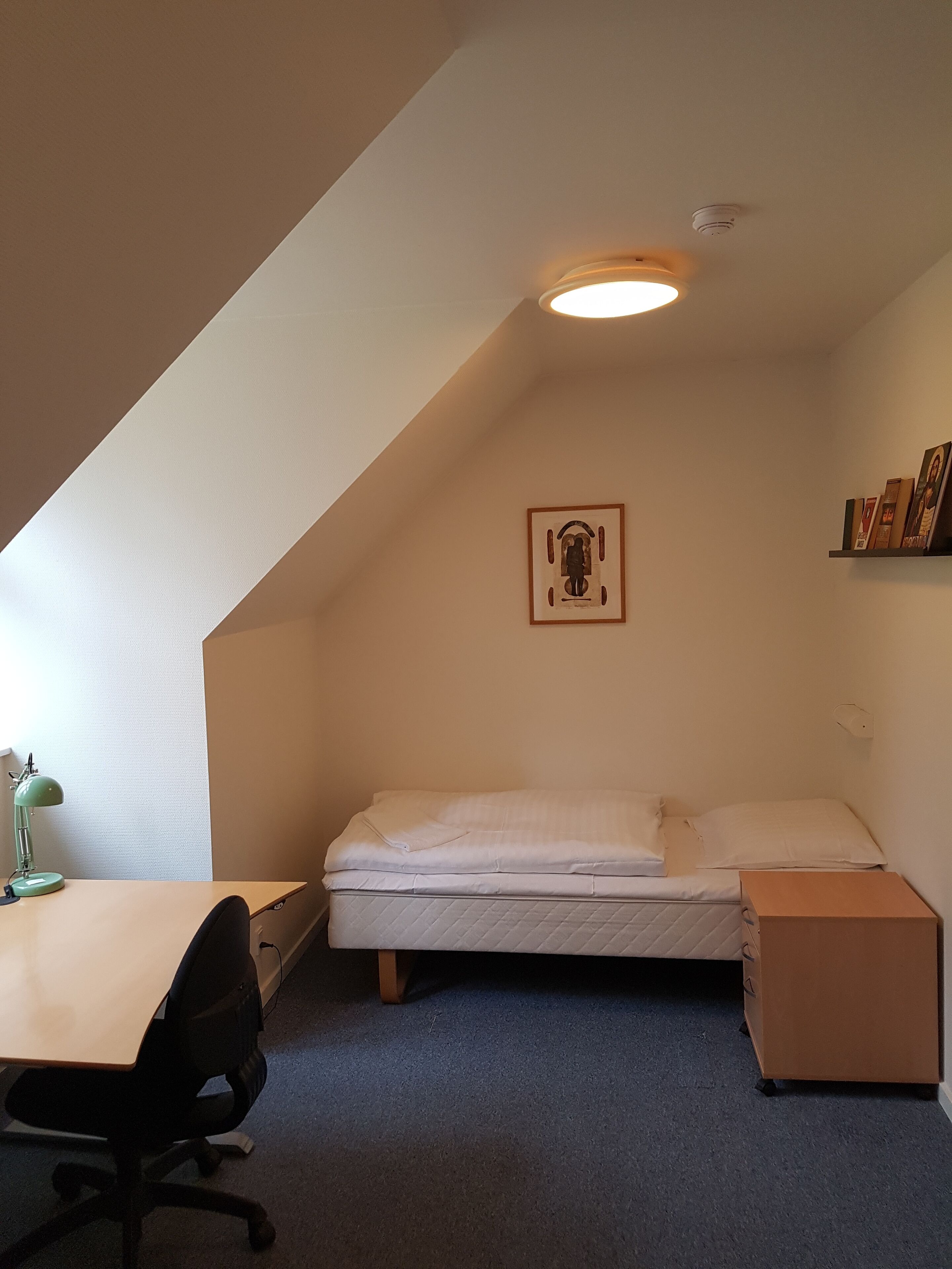 A small, well-lit room with a desk, chair, bed, and a shelf with books.