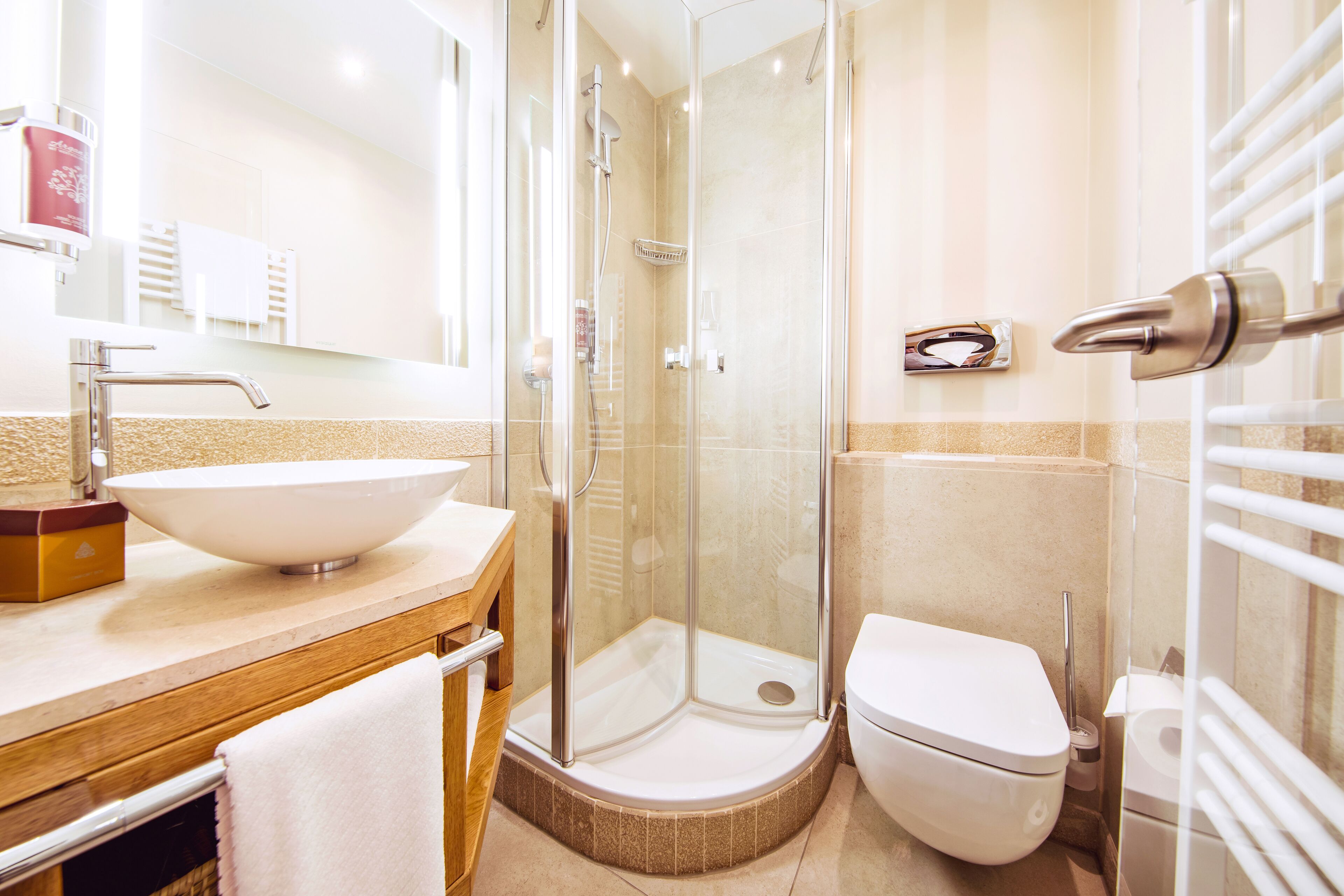 shower, eco-friendly toiletries, hair dryer, towels