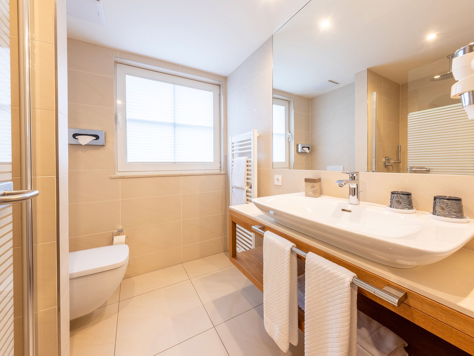 shower, eco-friendly toiletries, hair dryer, towels