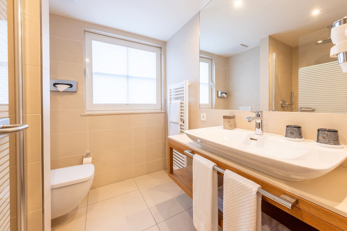 shower, eco-friendly toiletries, hair dryer, towels