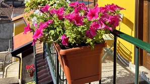 A balcony with a potted plant of pink flowers, a wooden railing, and a view of the sea and hills in the background. - Affittacamere Piazza (Verbania)
