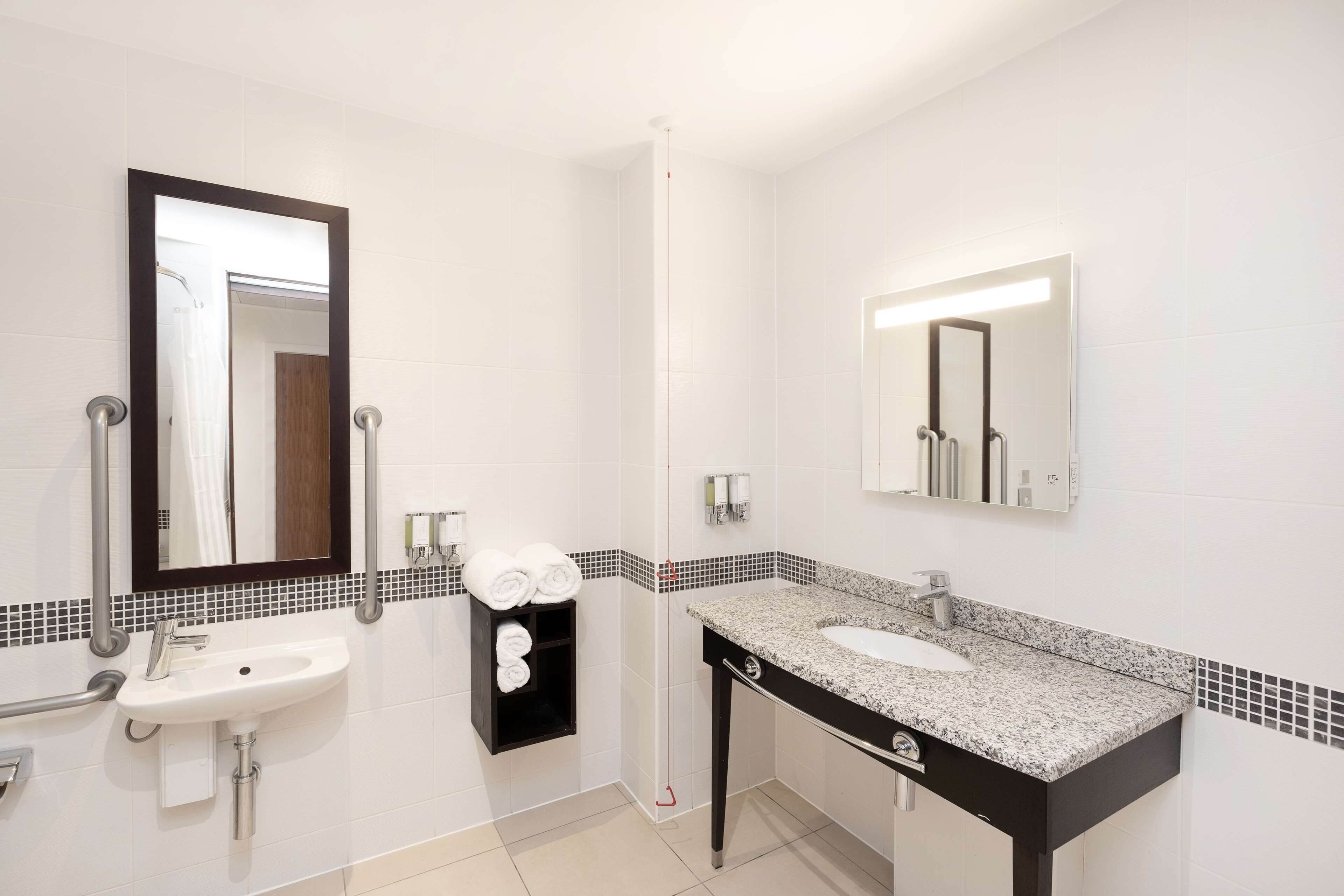 room, 2 queen beds, accessible | bathroom | shower, towels