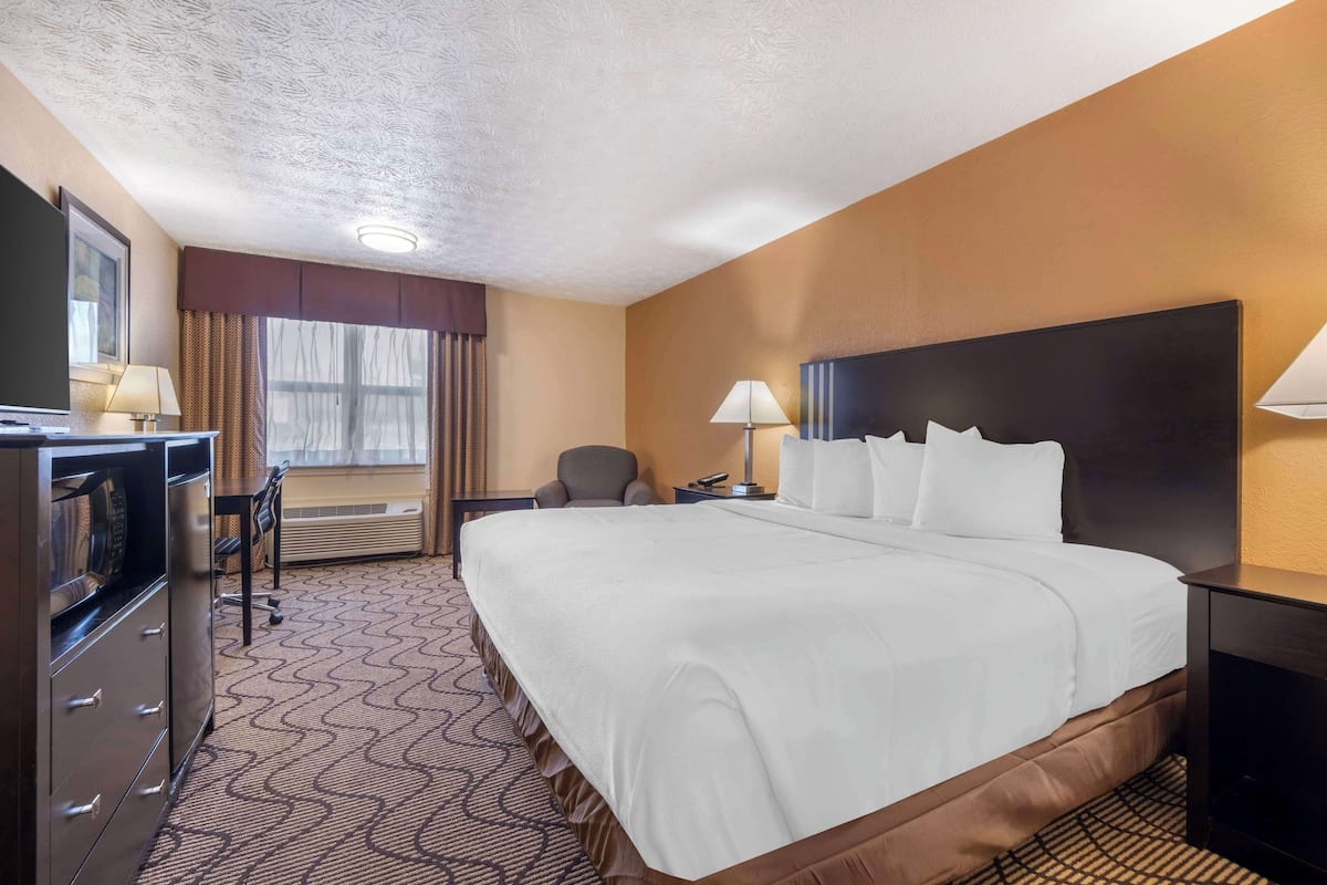 Habitación de hotel con una cama grande, un escritorio con silla, televisión y ventana con cortinas.