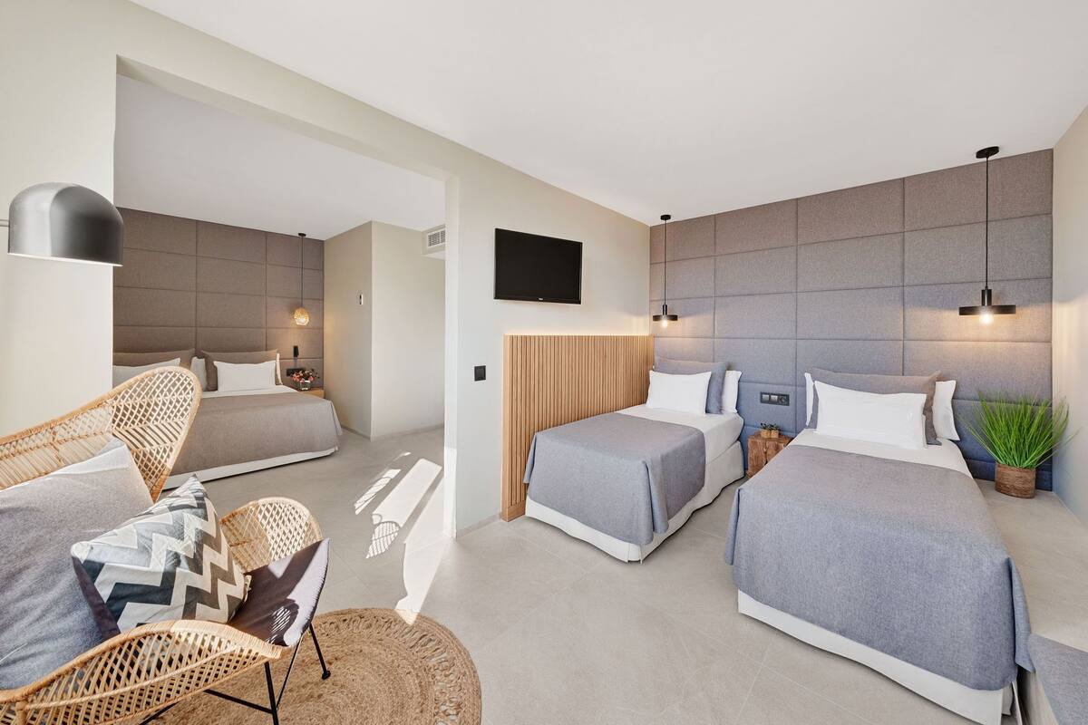 A modern hotel room with two single beds, a sofa, a TV, and a plant.