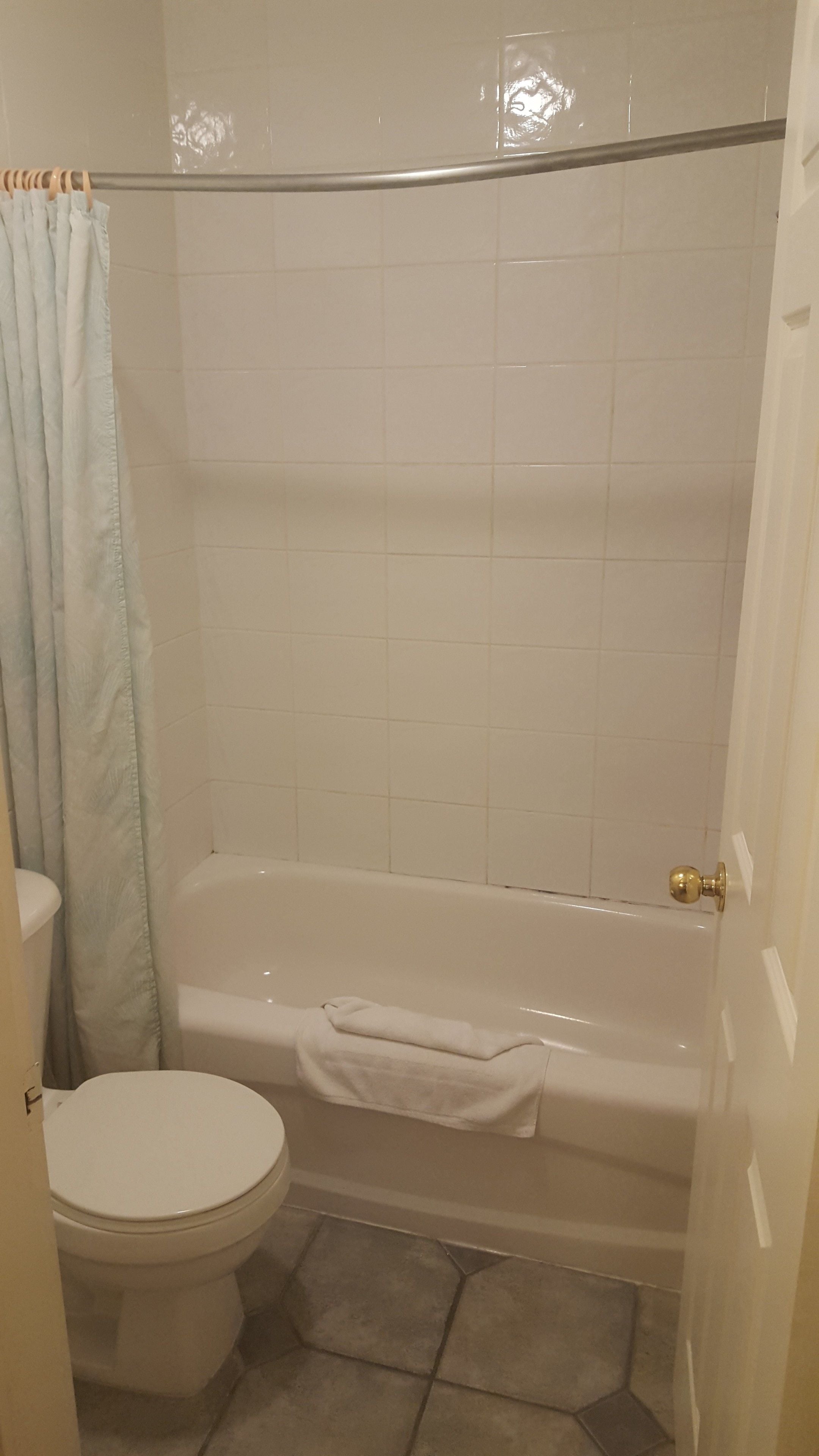 Een badkamer met toilet, bad en douchegordijn.