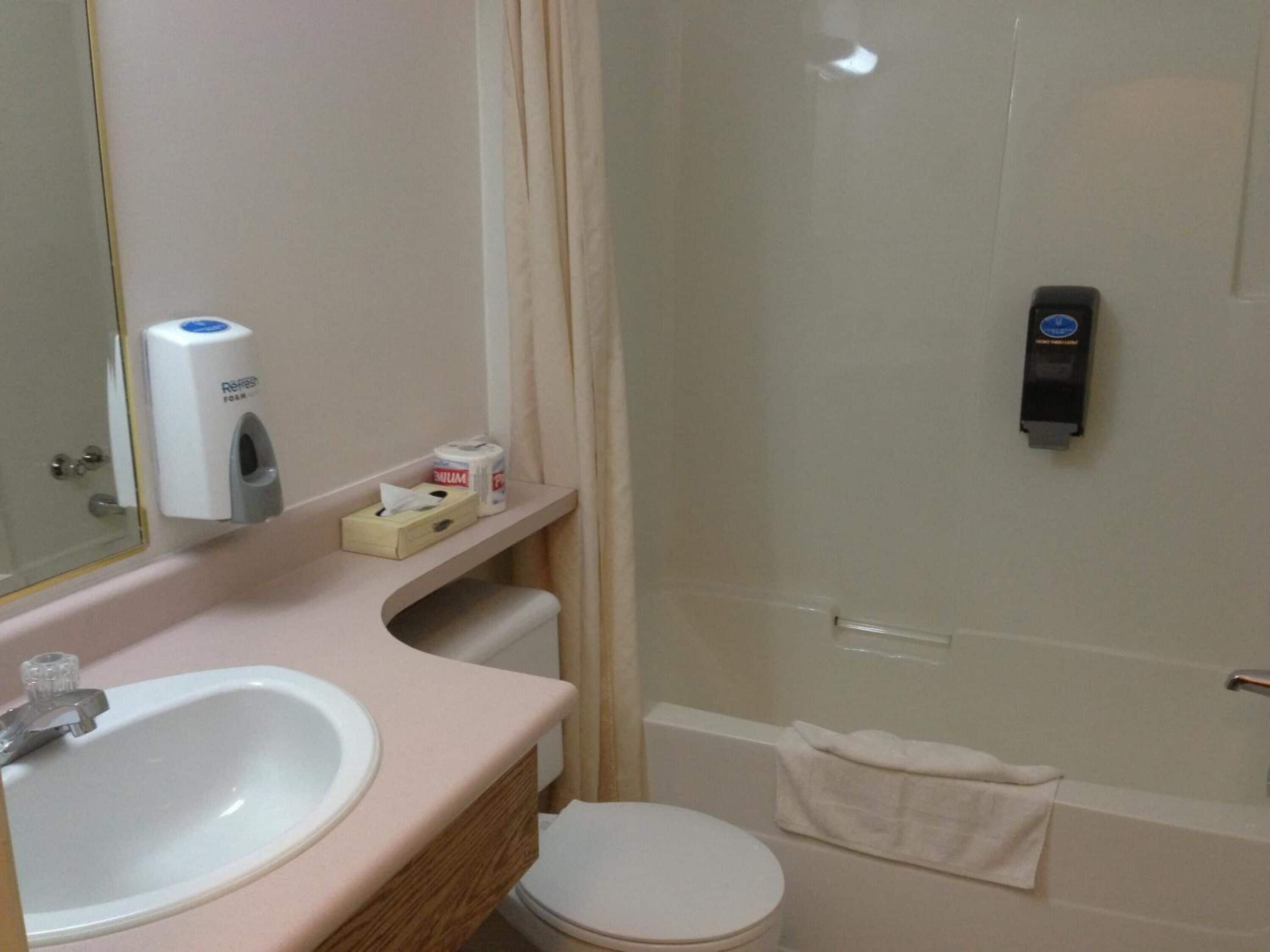 A bathroom with a sink, toilet, and shower. There are toilet paper and a hand dryer on the wall.