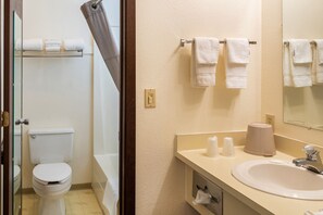 A bathroom with a toilet, a sink, and a mirror.