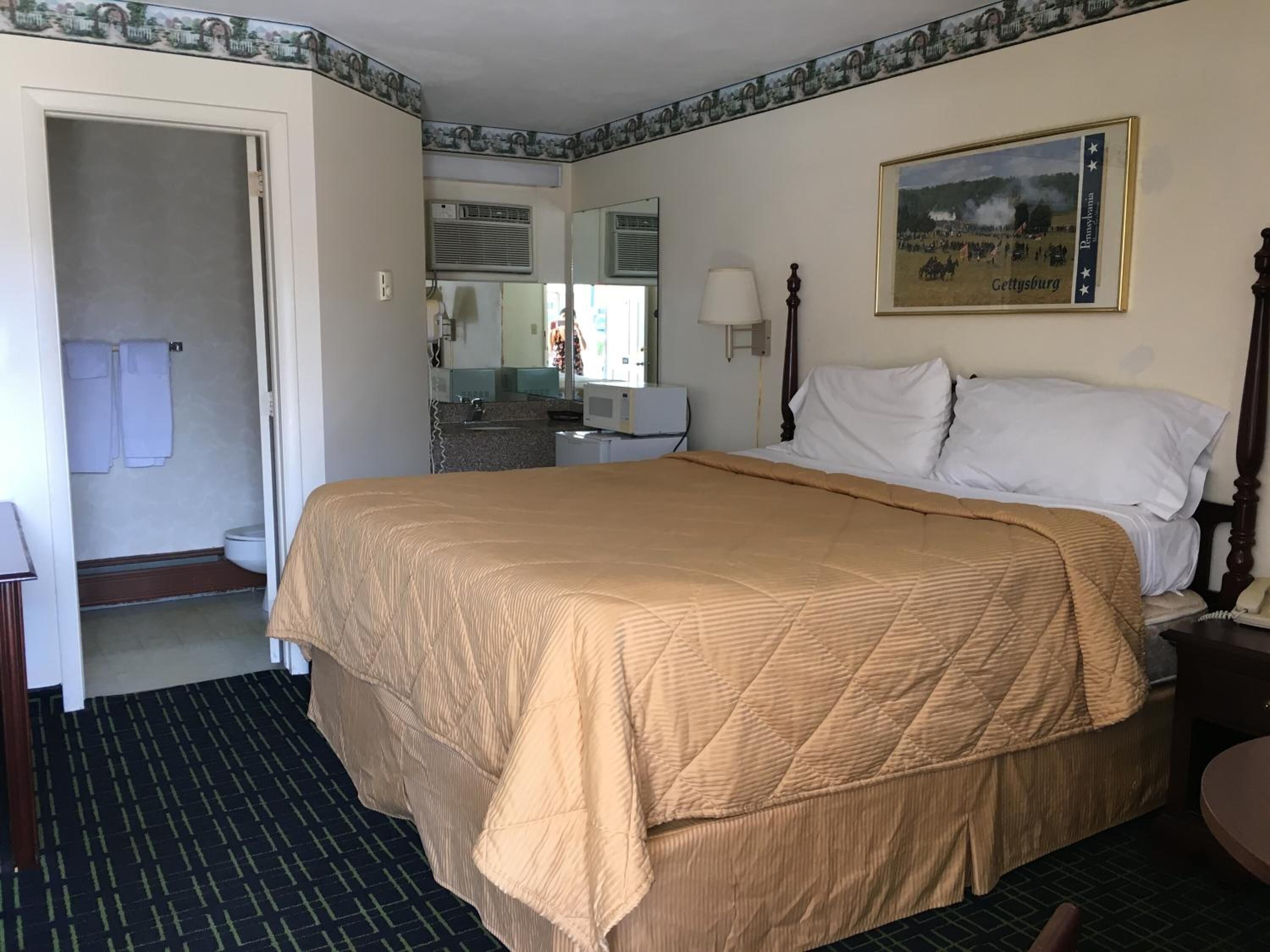Habitación de hotel con una cama grande, baño con inodoro y lavamanos, un espejo y un cuadro enmarcado en la pared.
