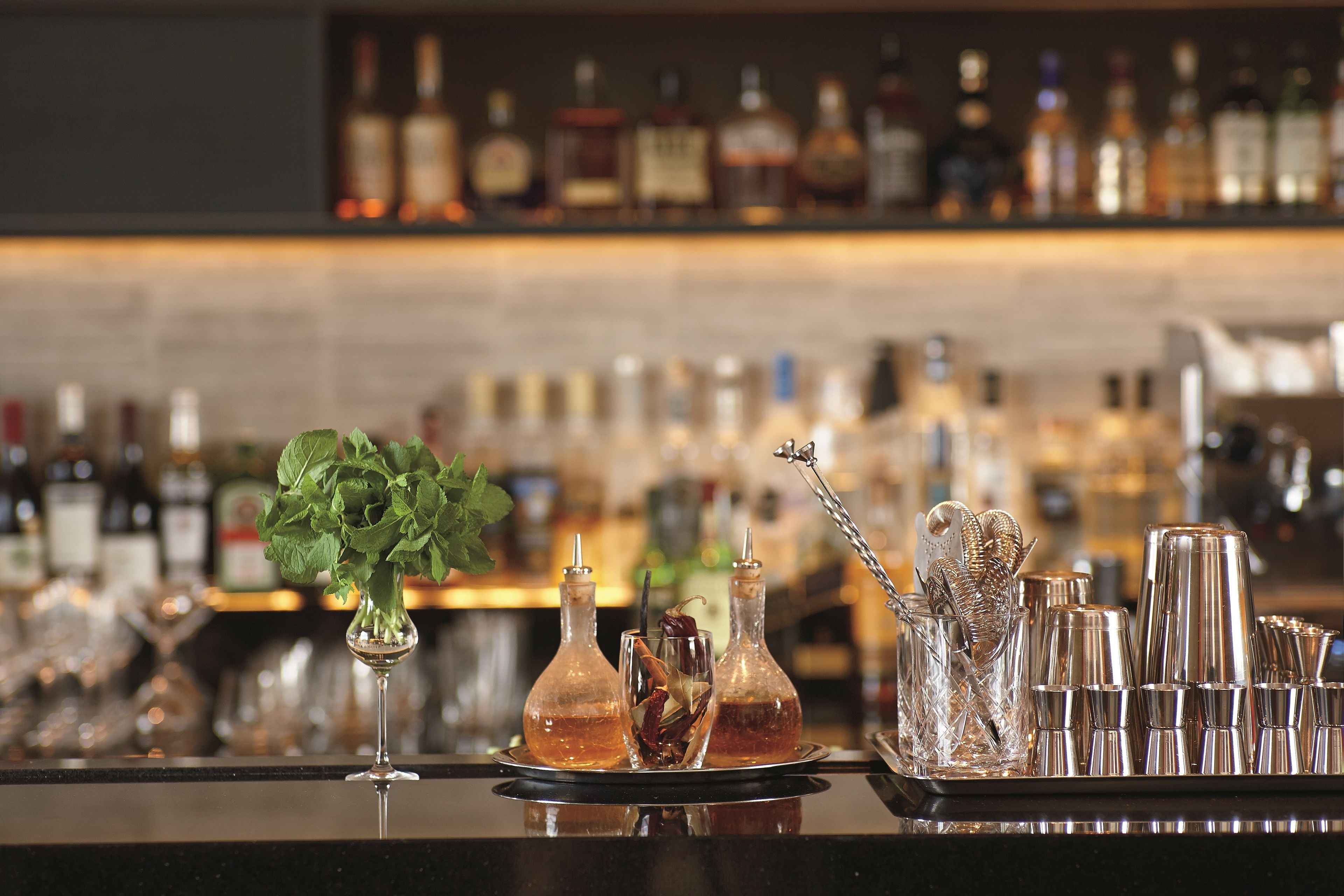 Un espace bar avec différentes bouteilles, des verres et une plante décorative.