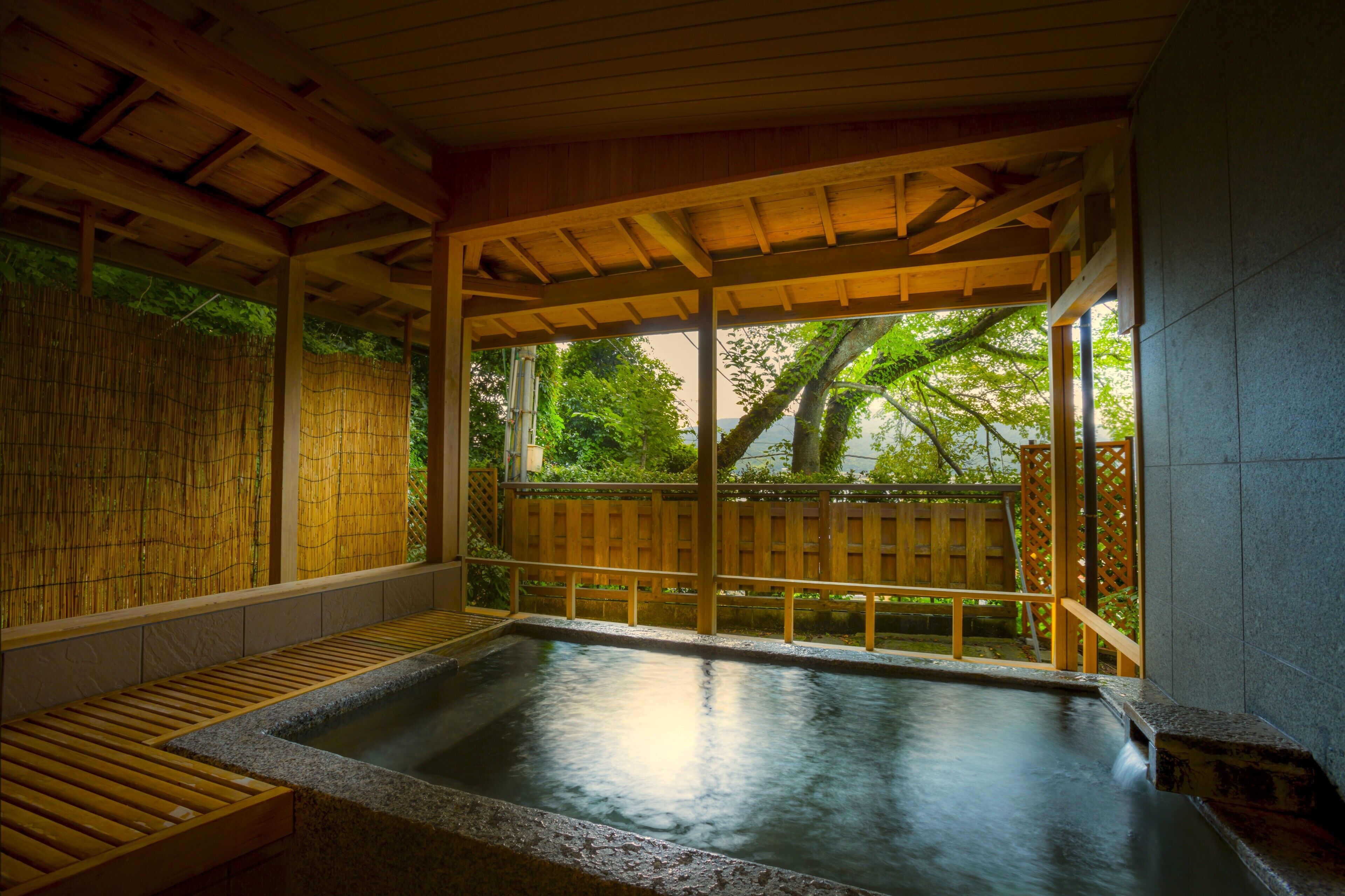 Un onsen japonés tradicional con una terraza de madera y vistas a la vegetación.