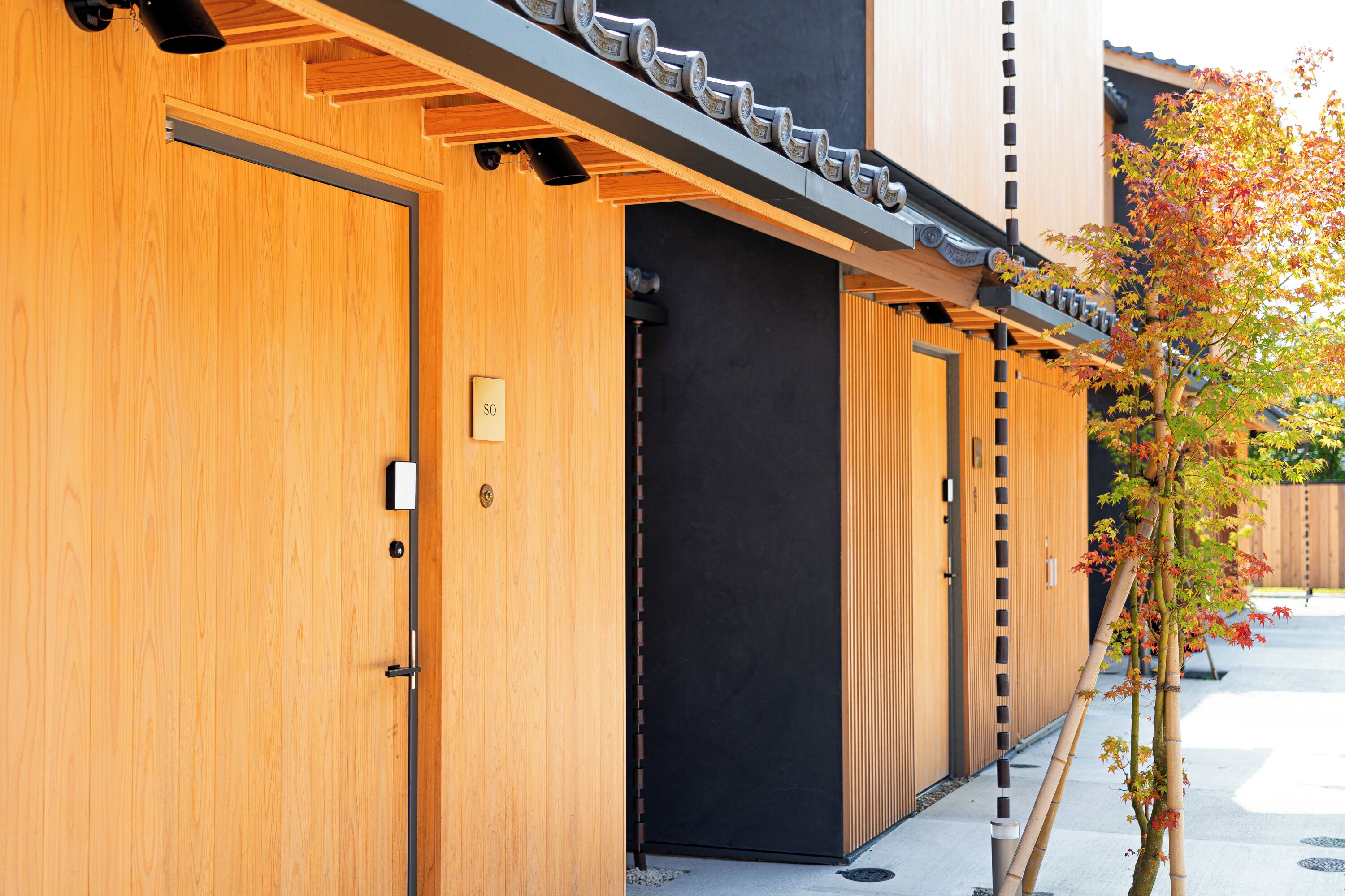 A row of wooden hotel rooms with black doors and a bamboo plant outside.