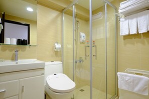 Shower, rainfall showerhead, hair dryer, slippers