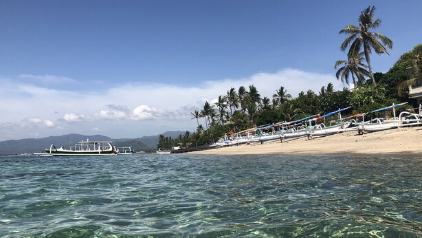 A beach with clear water, boats, and palm trees. - ArcoIris (Karangasem)