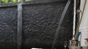 A bathtub filled with water and rose petals, with a showerhead above it. - ArcoIris (Karangasem)