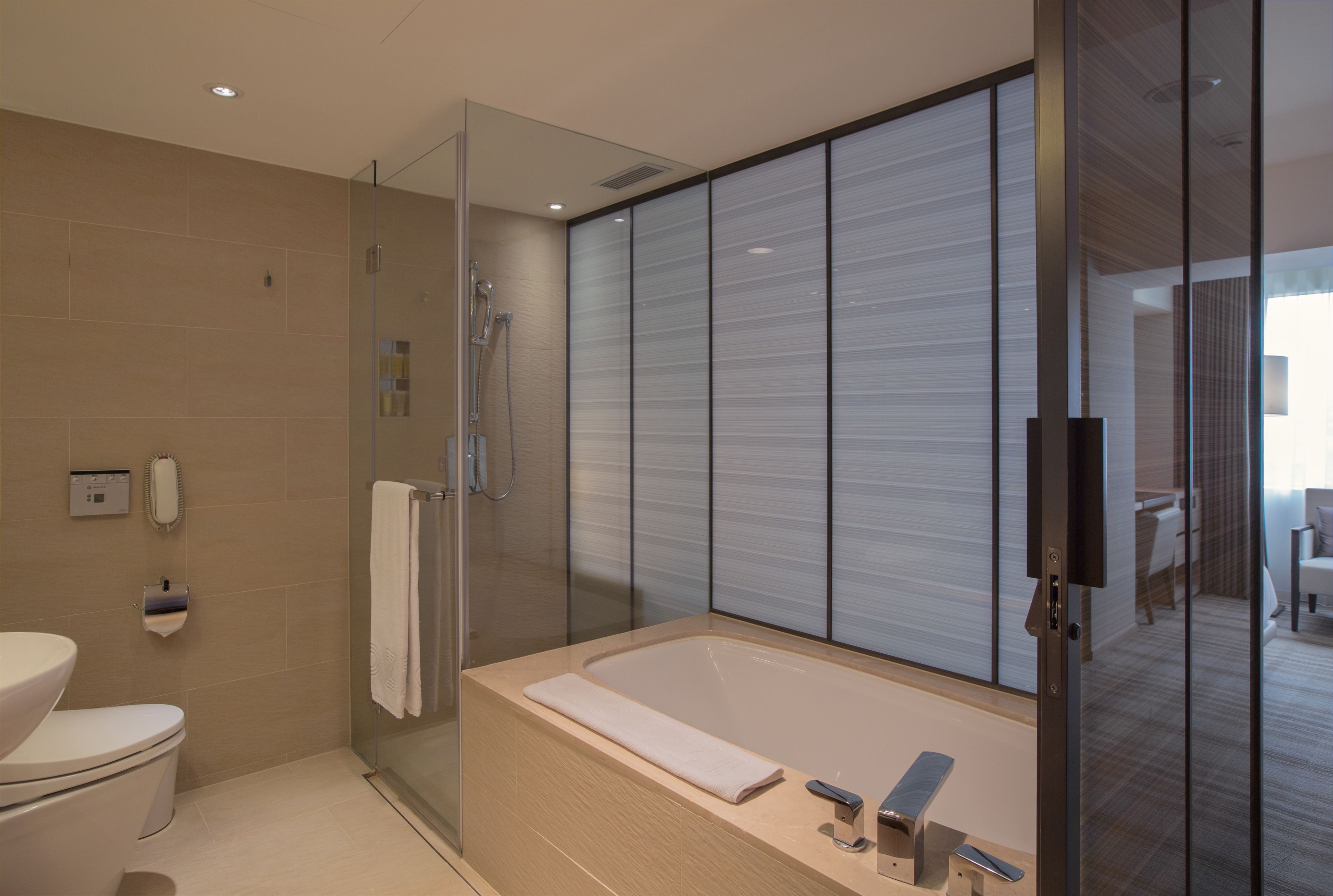 eco-friendly toiletries, hair dryer, slippers, towels