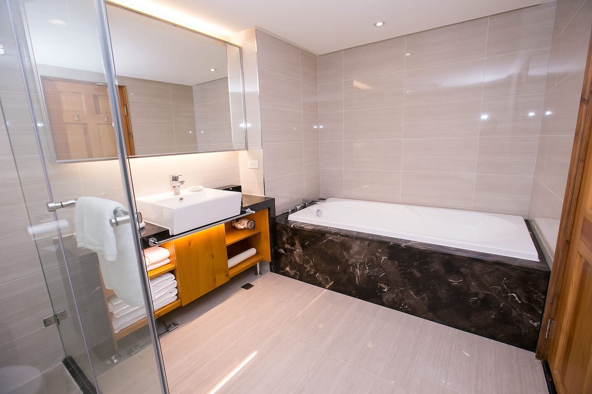 separate bathtub and shower, free toiletries, hair dryer, bathrobes