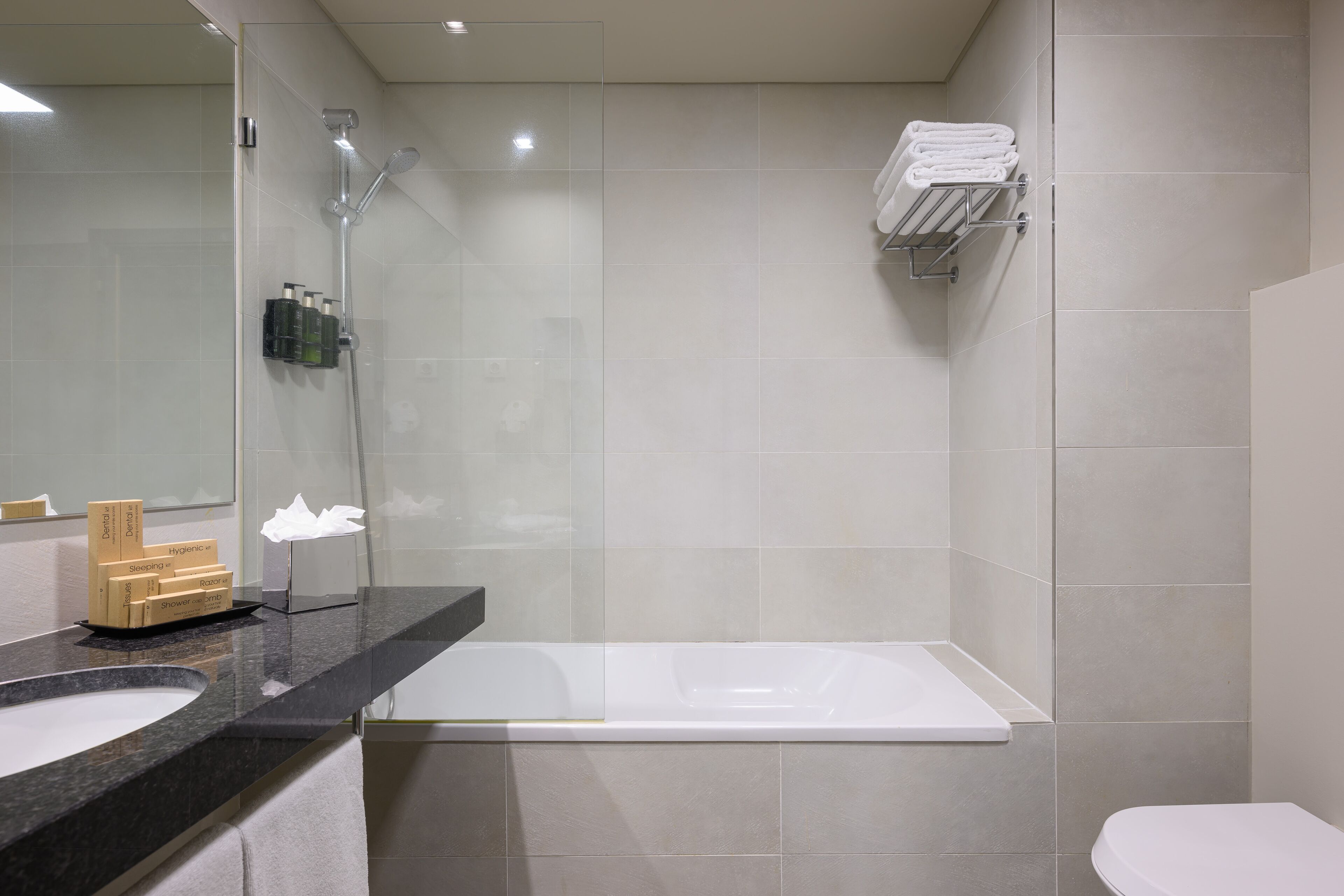 A modern bathroom with a bathtub, a toilet, a sink, and a shower.