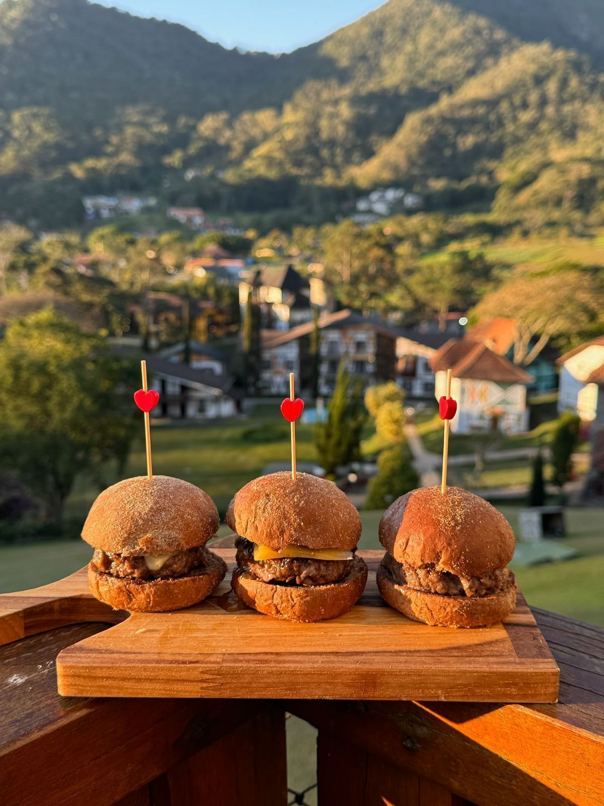 Trois hamburgers présentés sur une planche en bois, avec une chaîne de montagnes en arrière-plan.