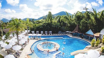 Outdoor pool, pool umbrellas, pool loungers