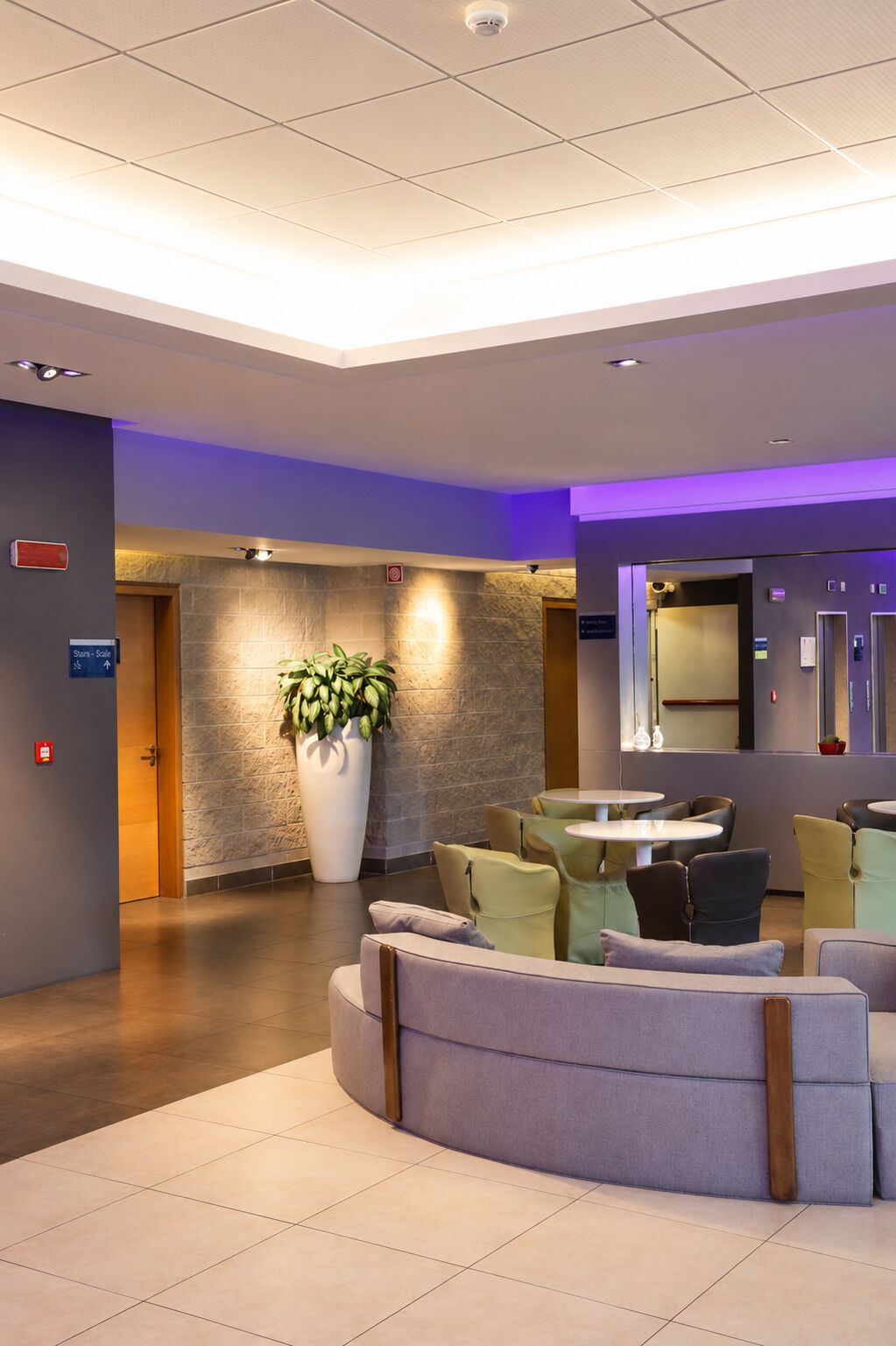 A lobby with a curved seating area, a large potted plant, a reception desk, and a wall-mounted mirror.