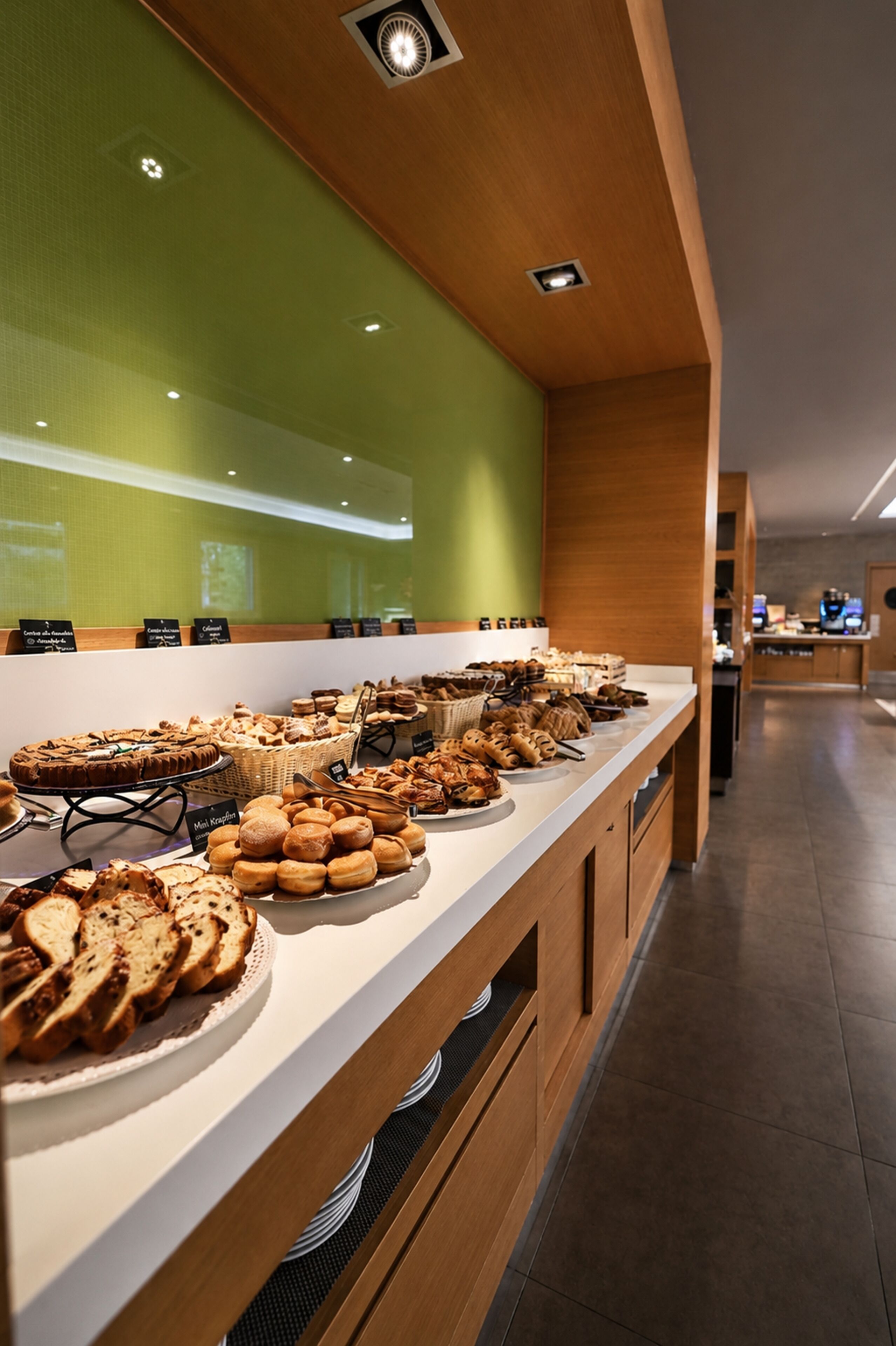 Un buffet proposant une variété de produits de boulangerie et de pâtisserie.