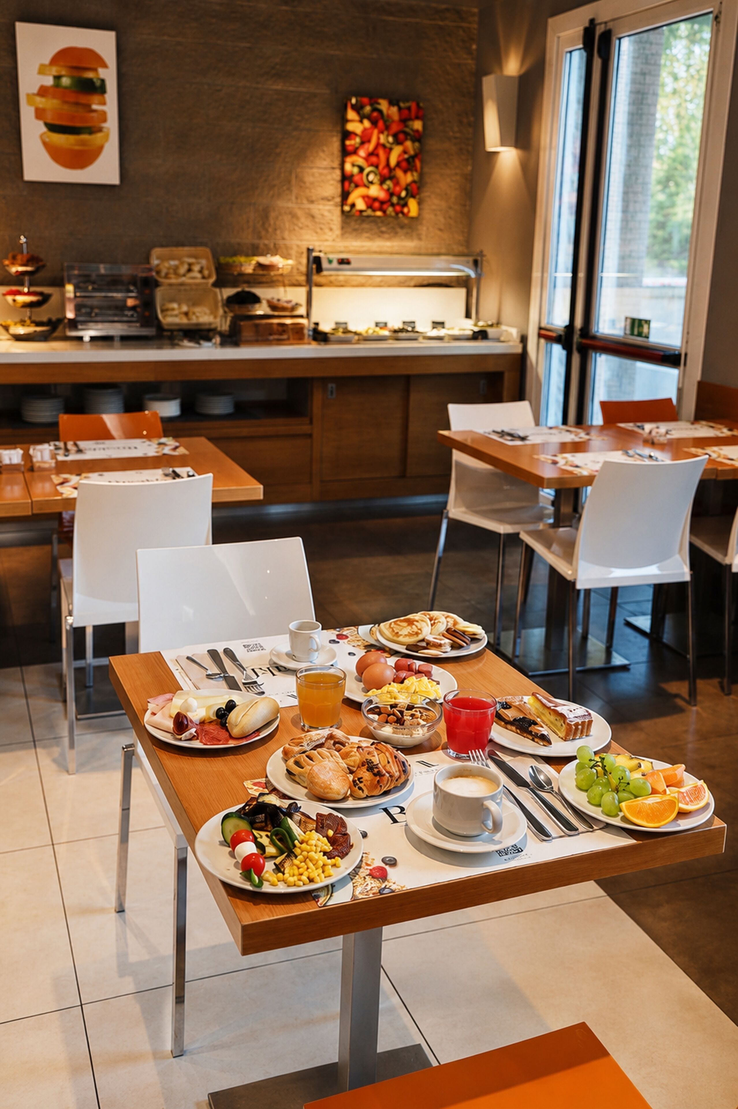 Ein reichhaltiges Frühstücksbuffet mit verschiedenen Speisen und einer Obstplatte.