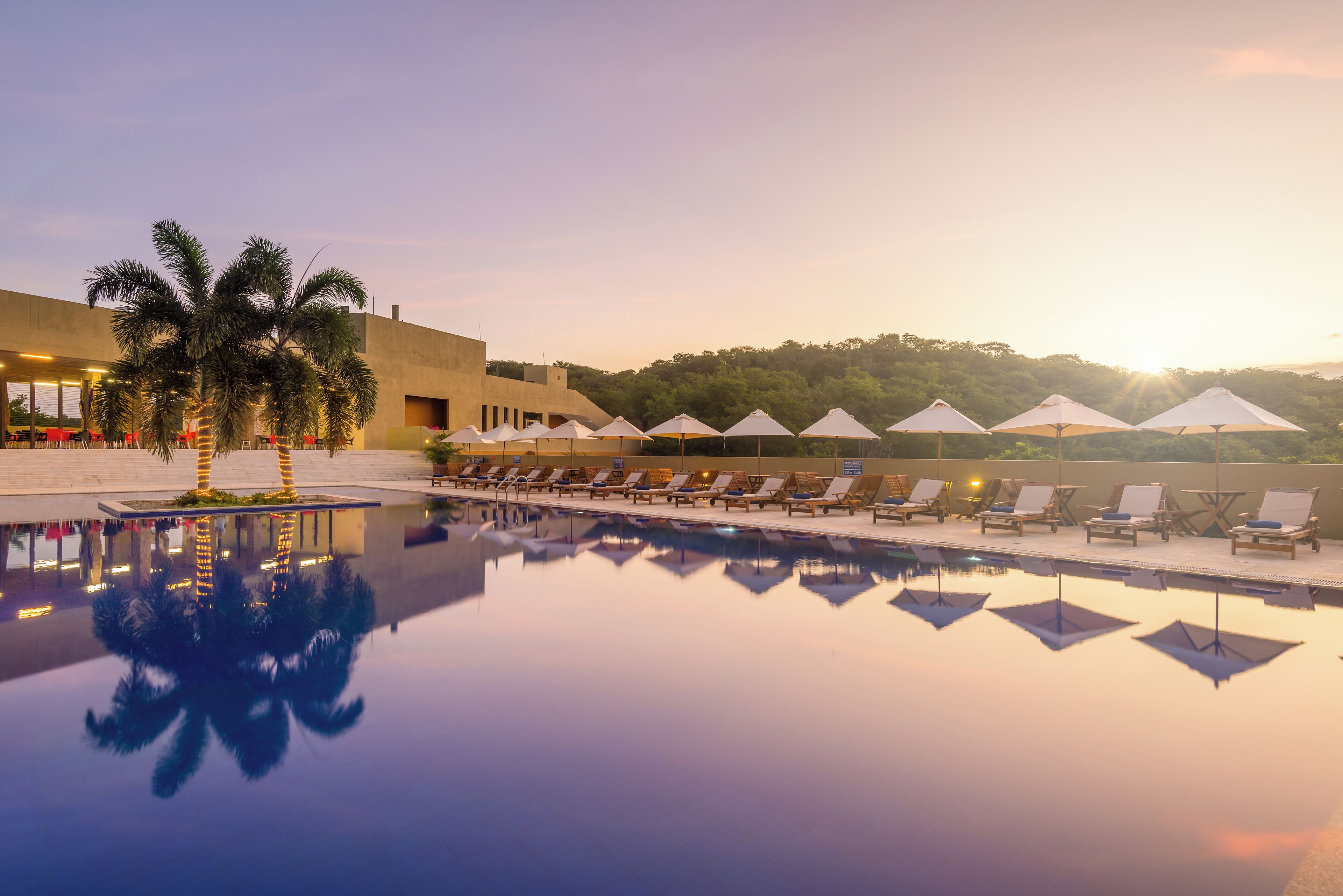 A pool with lounge chairs and umbrellas, palm trees, and a building with a flat roof.