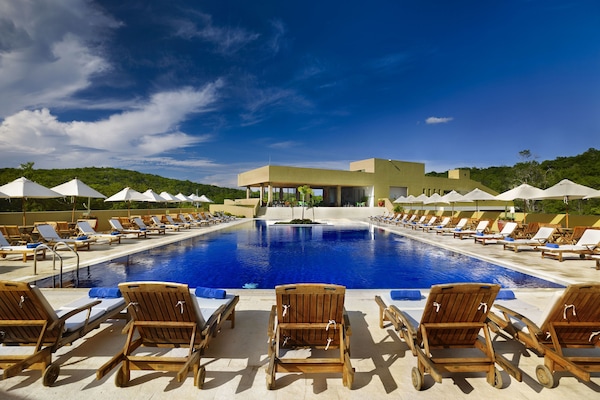 Outdoor pool, pool umbrellas, pool loungers
