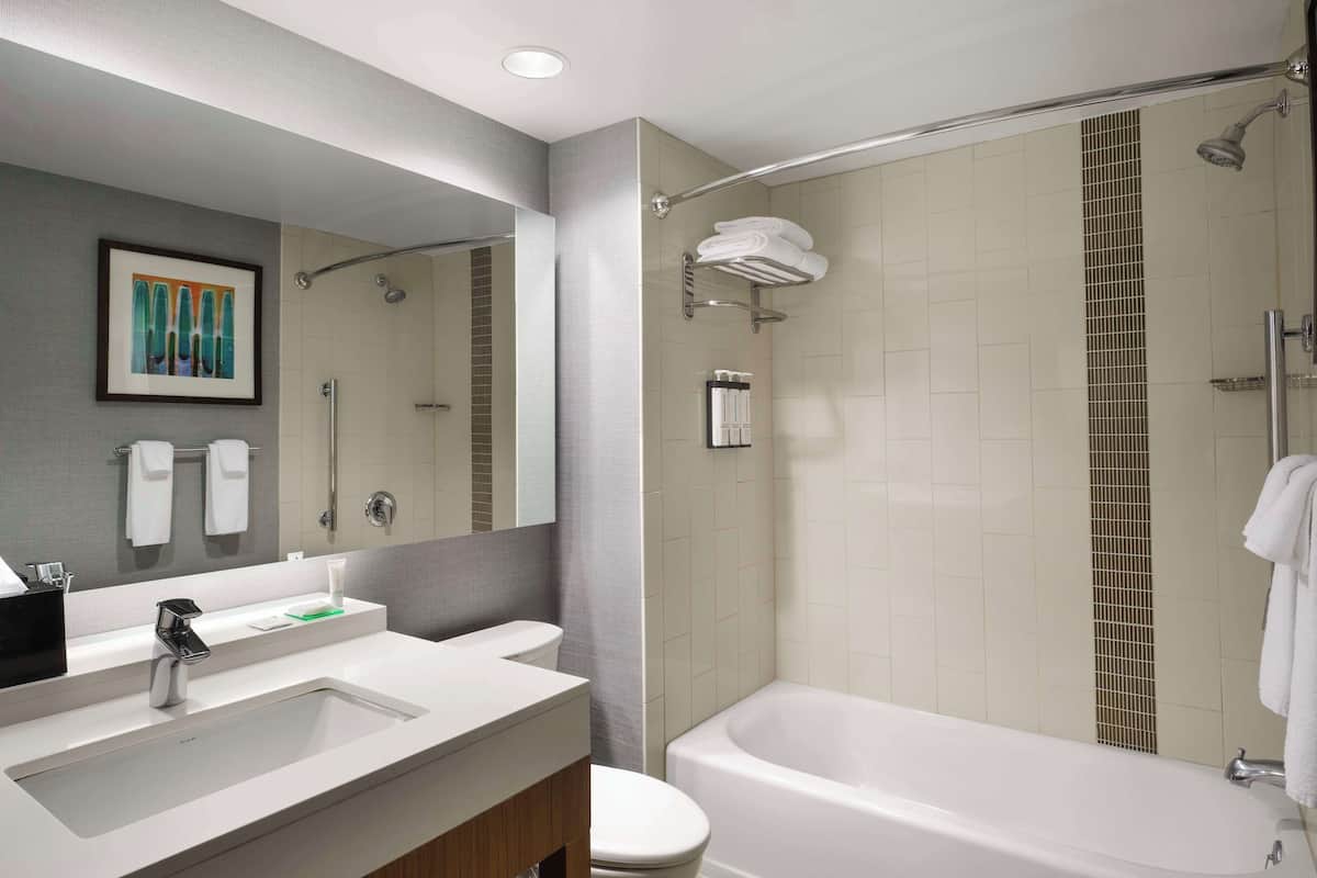 combined shower/bathtub, designer toiletries, hair dryer, towels