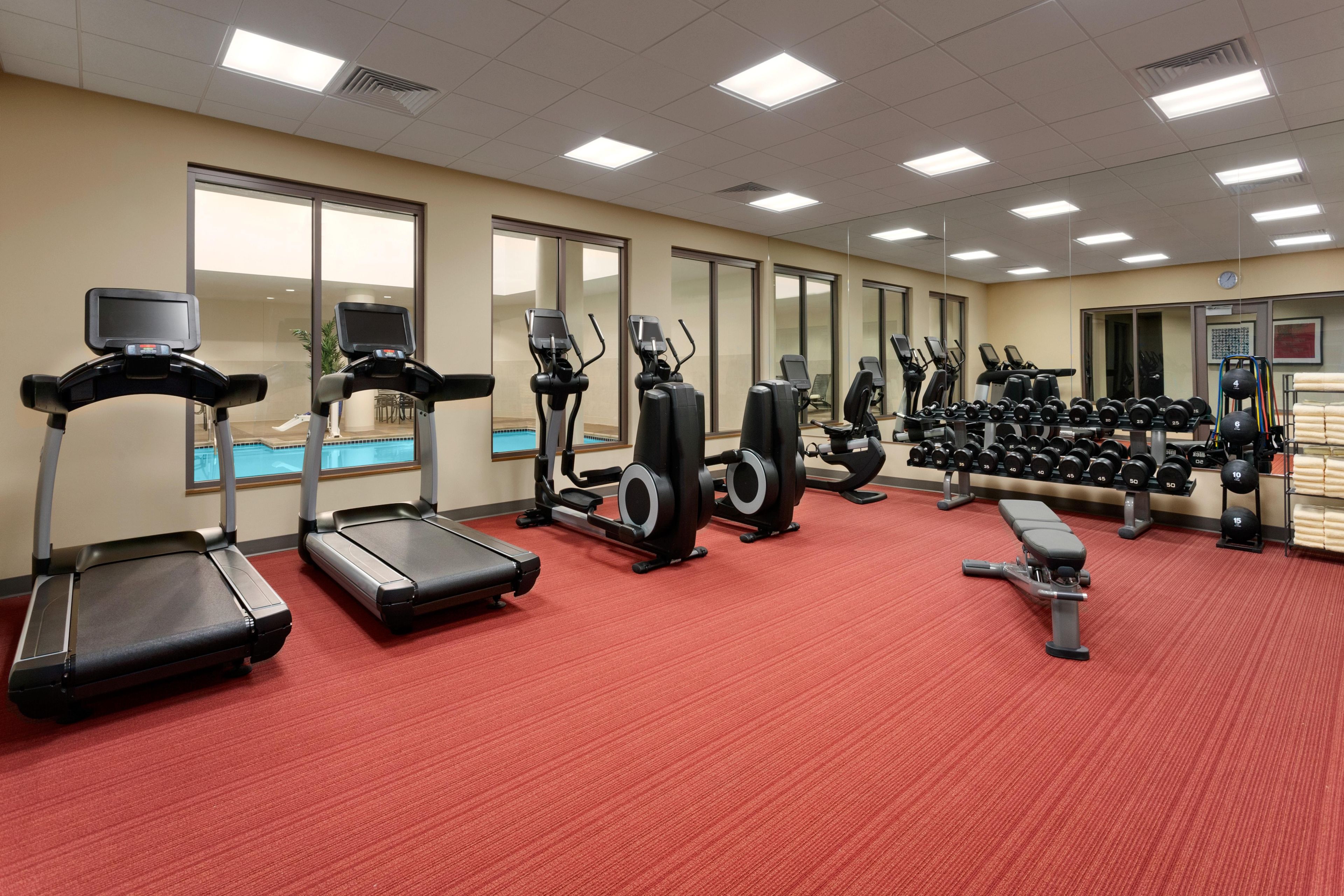 A gym with treadmills, elliptical machines, weight benches, and free weights.
