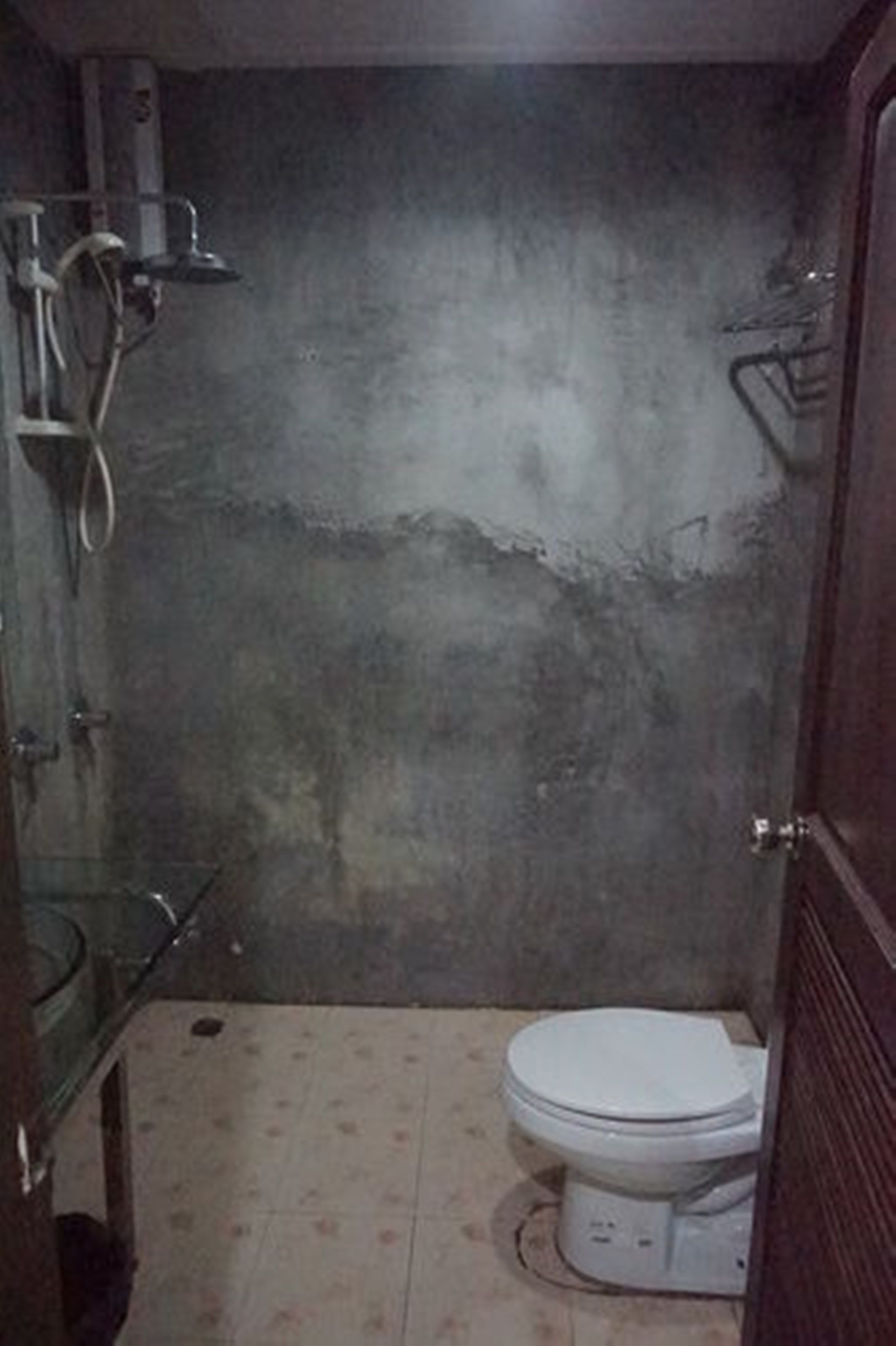 A small, dimly lit bathroom with a white toilet, a shower area, and a glass-enclosed sink.