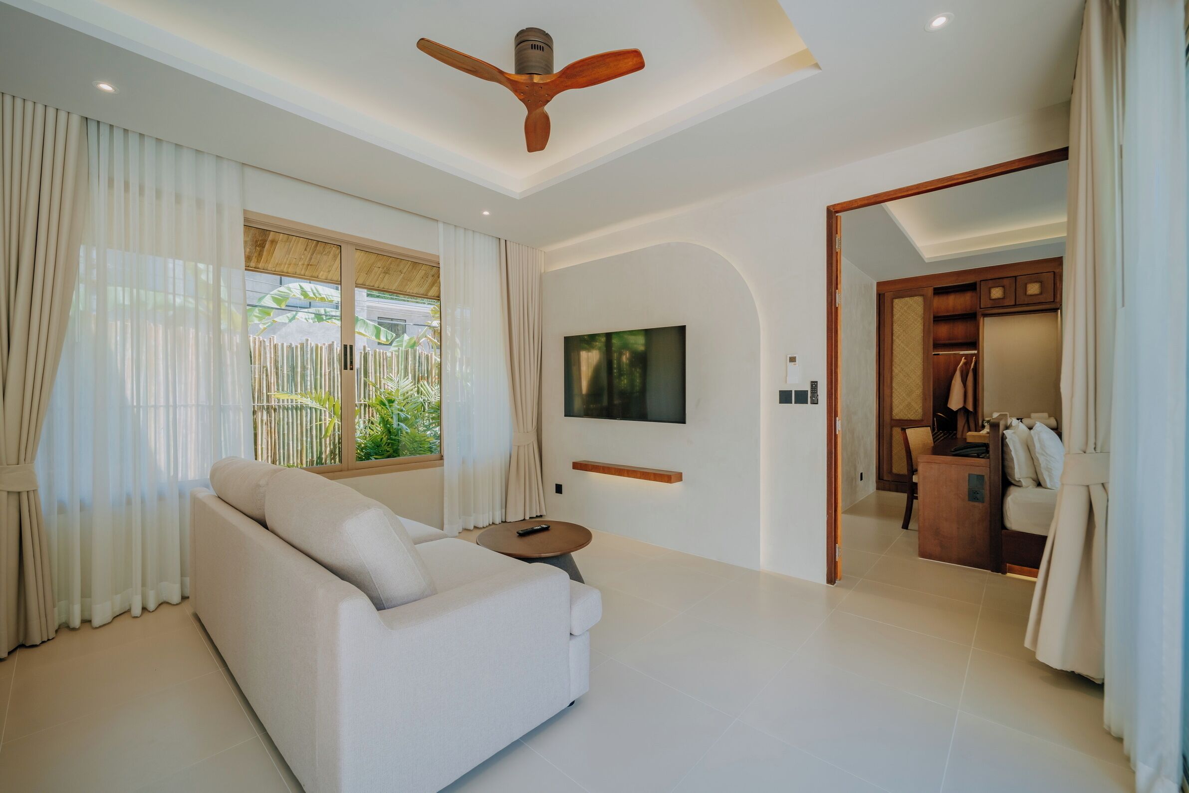 villa, private pool | living area | 42-inch lcd tv with cable channels, tv