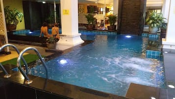 Indoor pool, outdoor pool, pool loungers