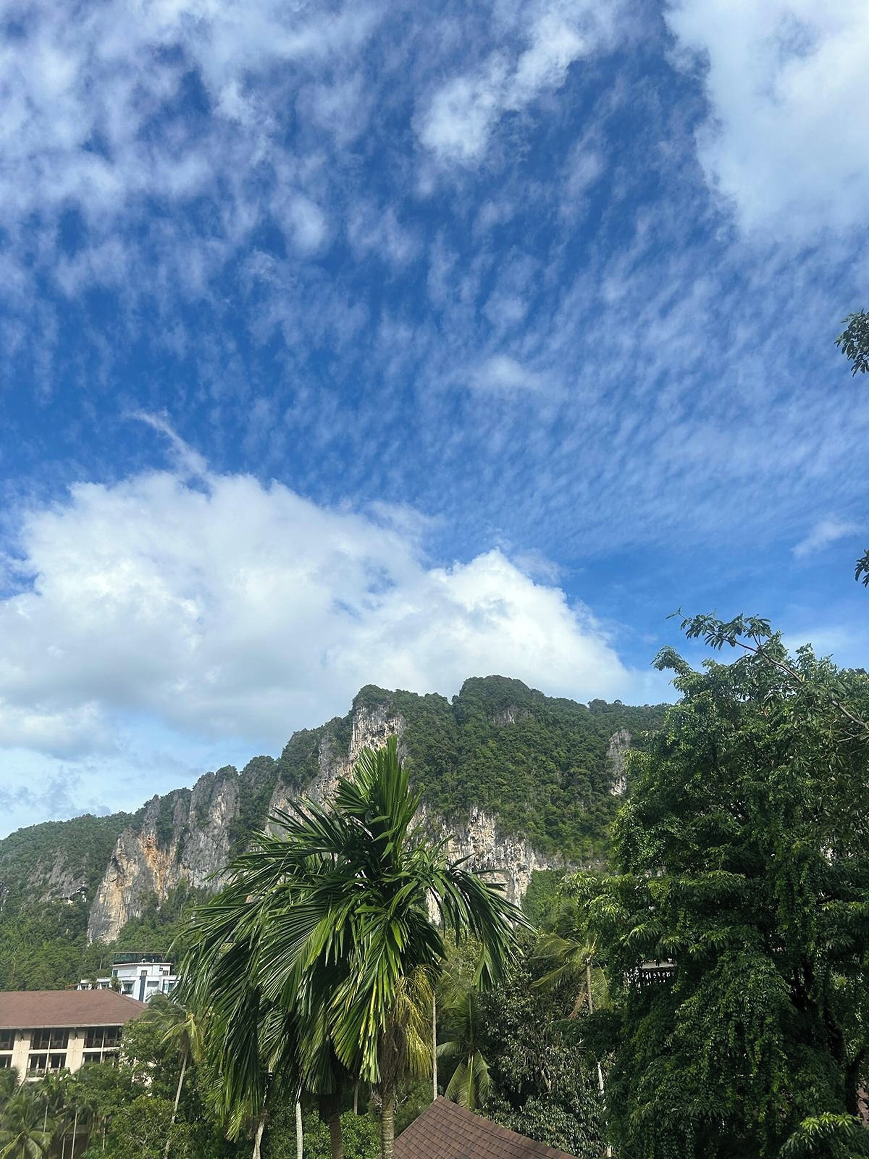 A view of a mountain with a building in the foreground.