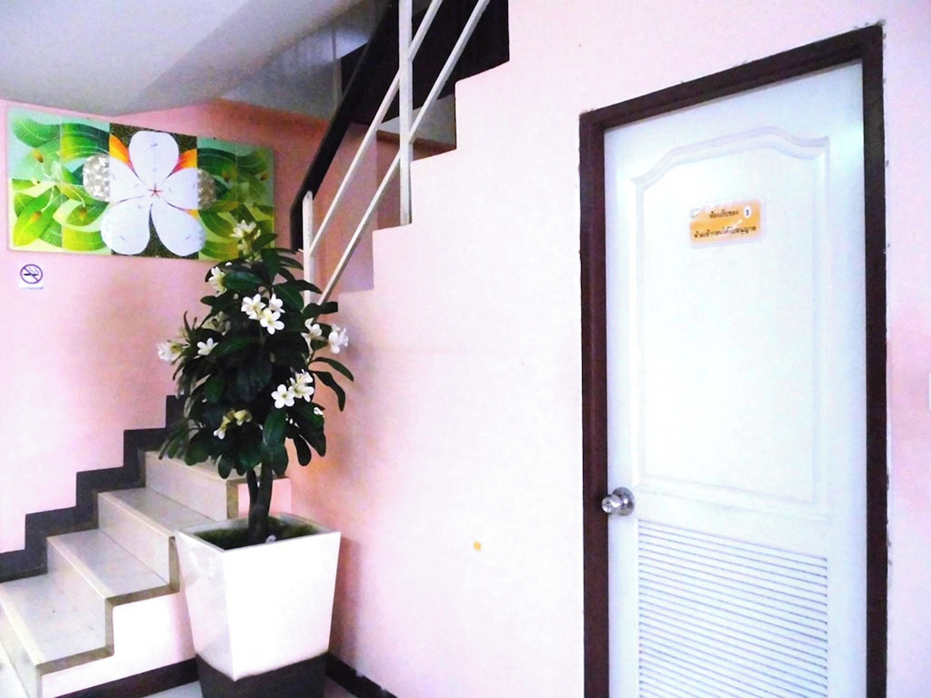 Eine Treppe mit einem Blumentopf und einer Tür mit einem Schild.