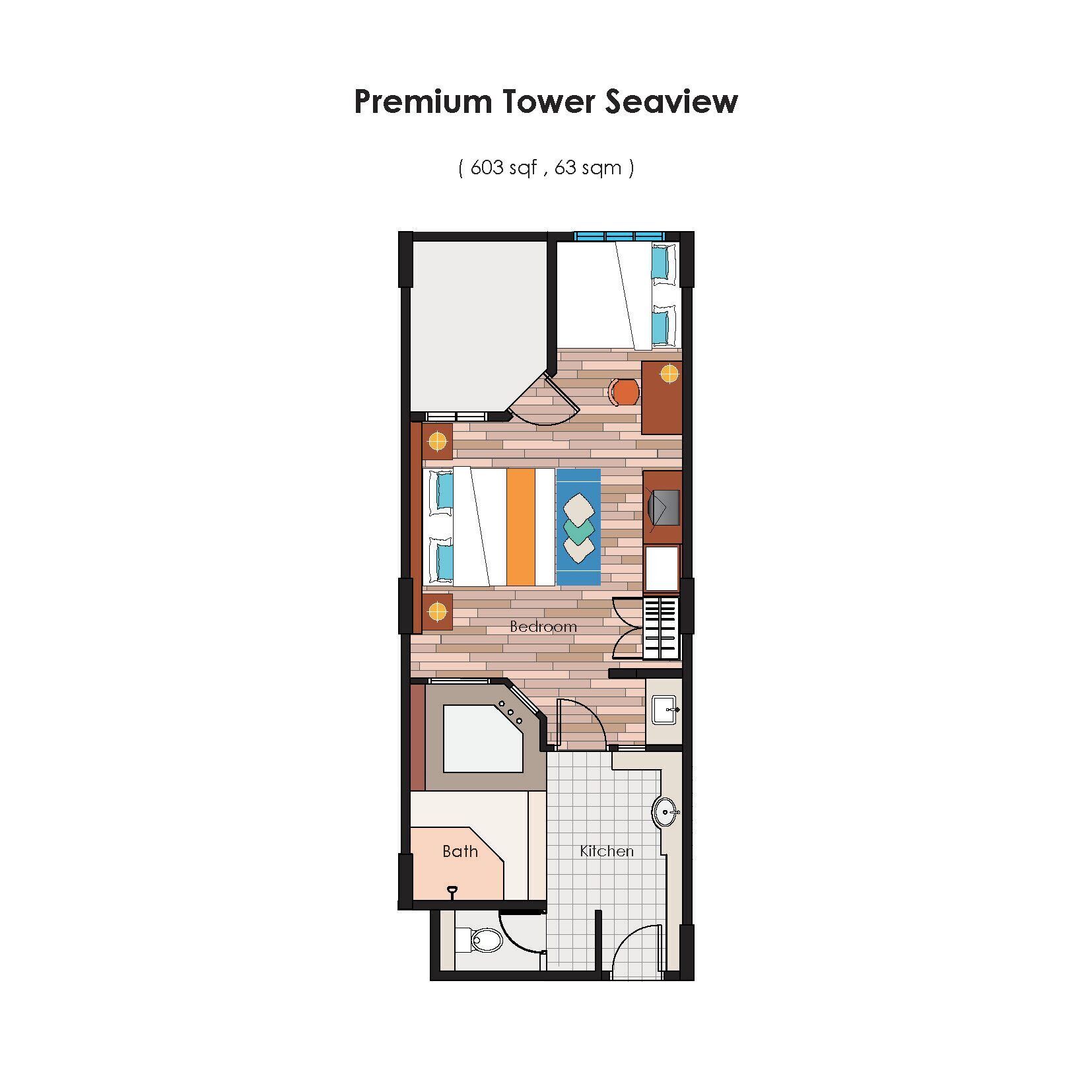 A floor plan of a Premium Tower Seaview apartment with a bedroom, kitchen, bathroom, and a living area with a view.