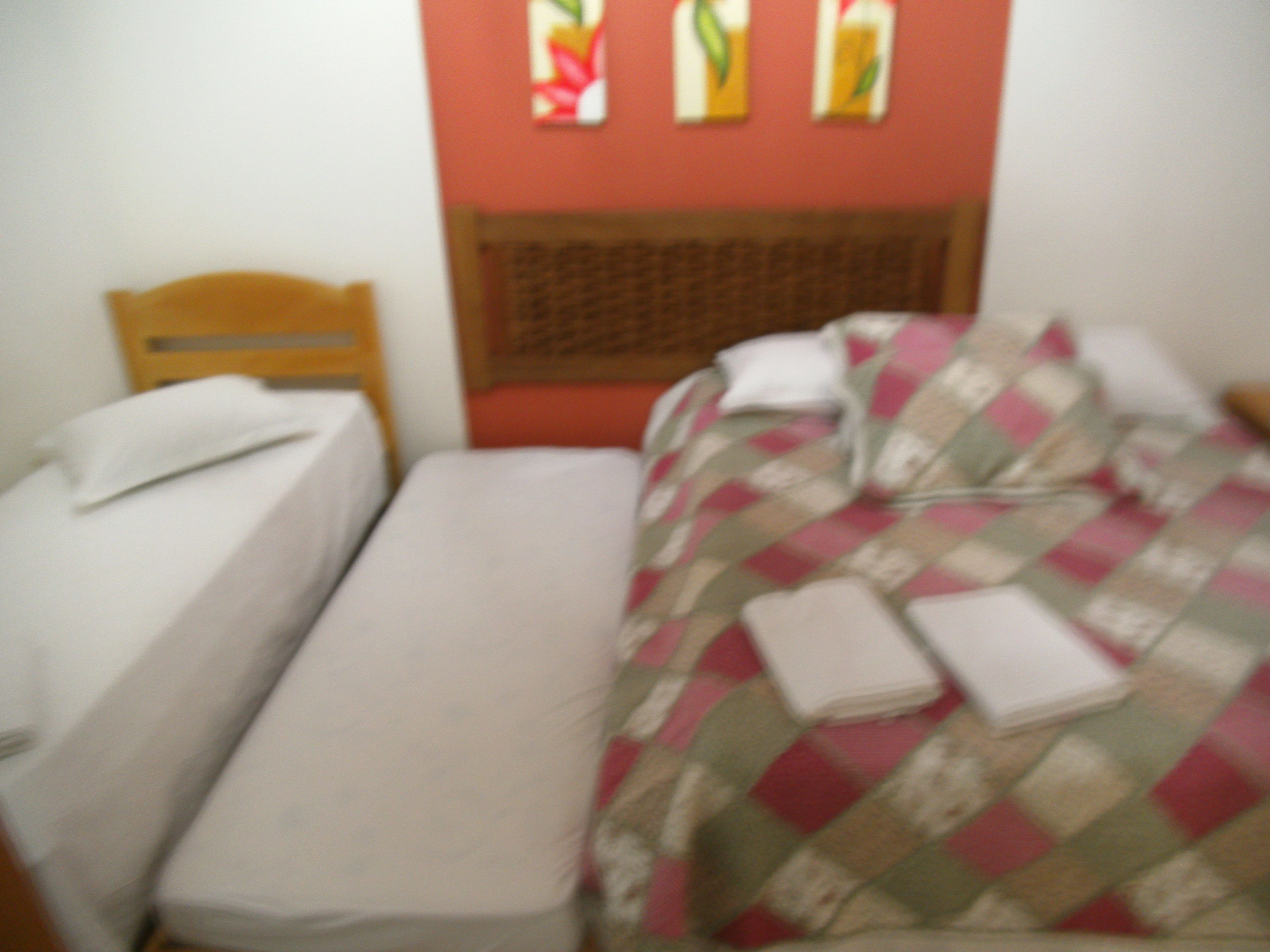 A small, single-bed room with a wooden headboard, a checkered bedspread, and a white pillow.