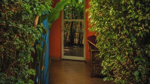 An entrance with a wooden archway surrounded by lush greenery, leading to a room with a visible door and a chair.