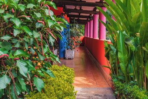 A covered pathway lined with lush greenery and vibrant red walls. - Aparthotel Jardin Tropical (Bujumbura)