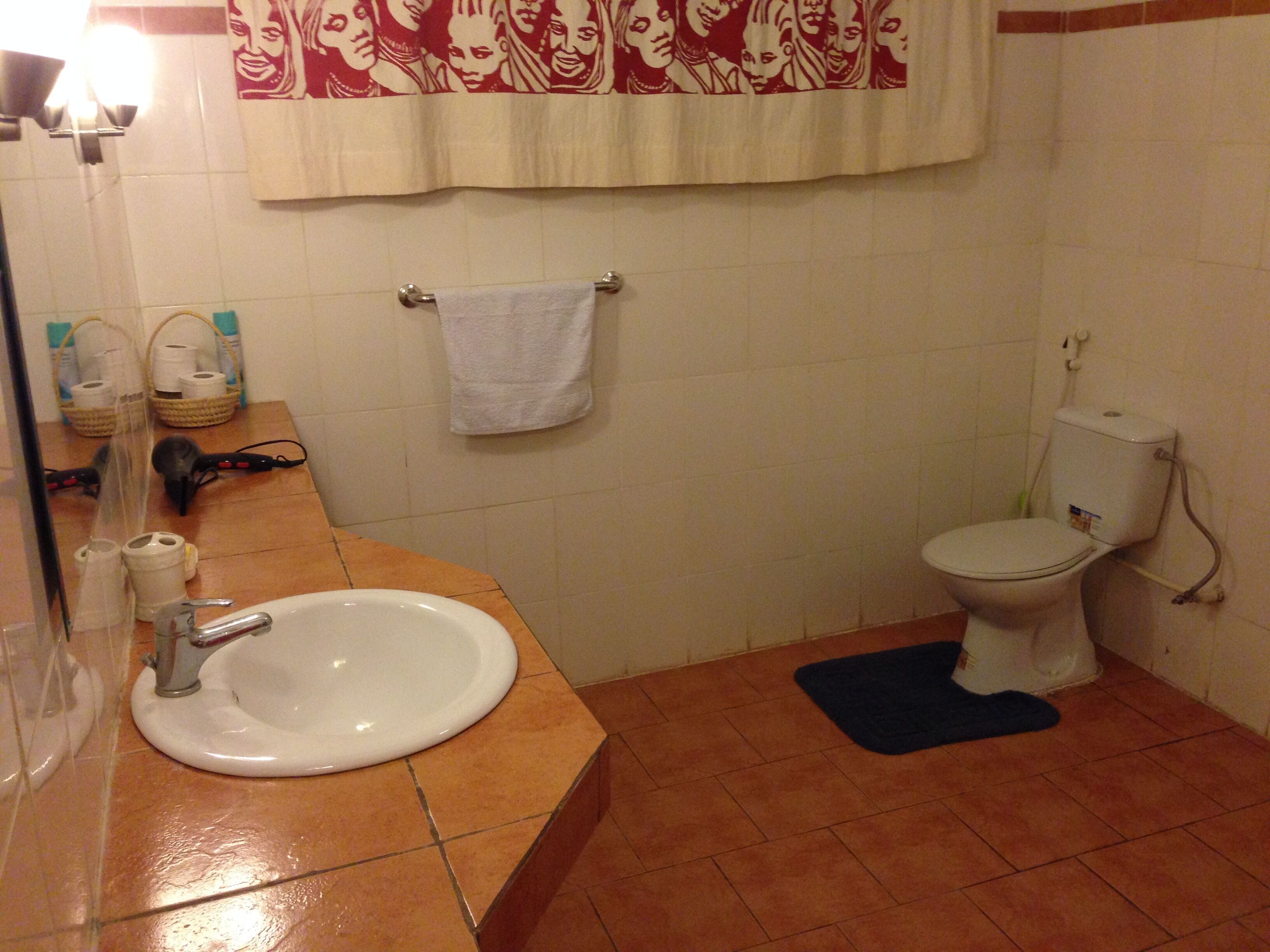 A bathroom with a sink, toilet, and a towel hanging on the wall.