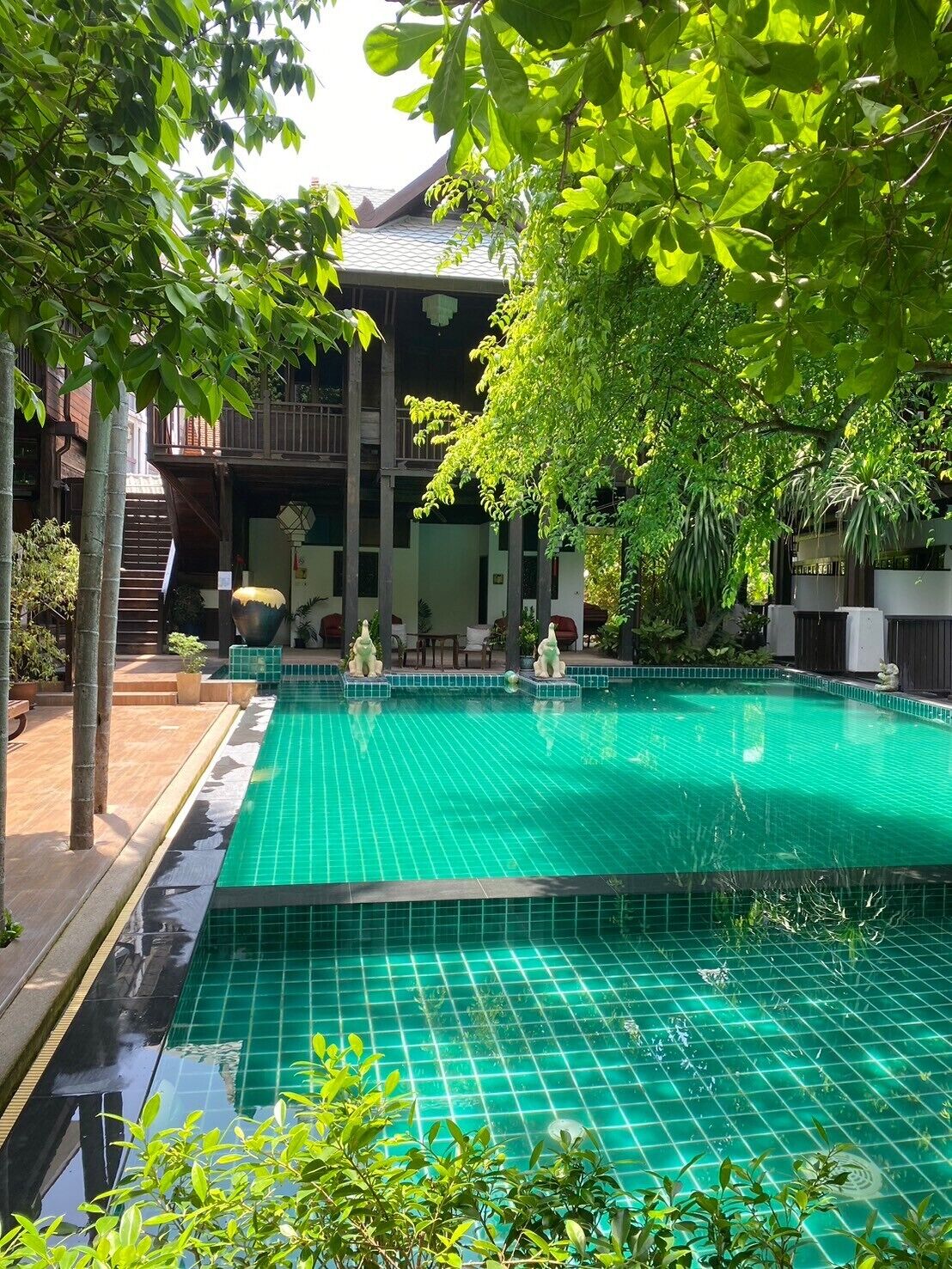 A rectangular swimming pool with a tiled edge, surrounded by lush greenery and a multi-story building with balconies.