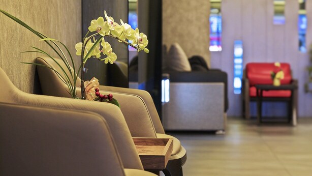Un espace d’accueil comprenant un canapé, un fauteuil, une petite table et une plante décorative, une orchidée.